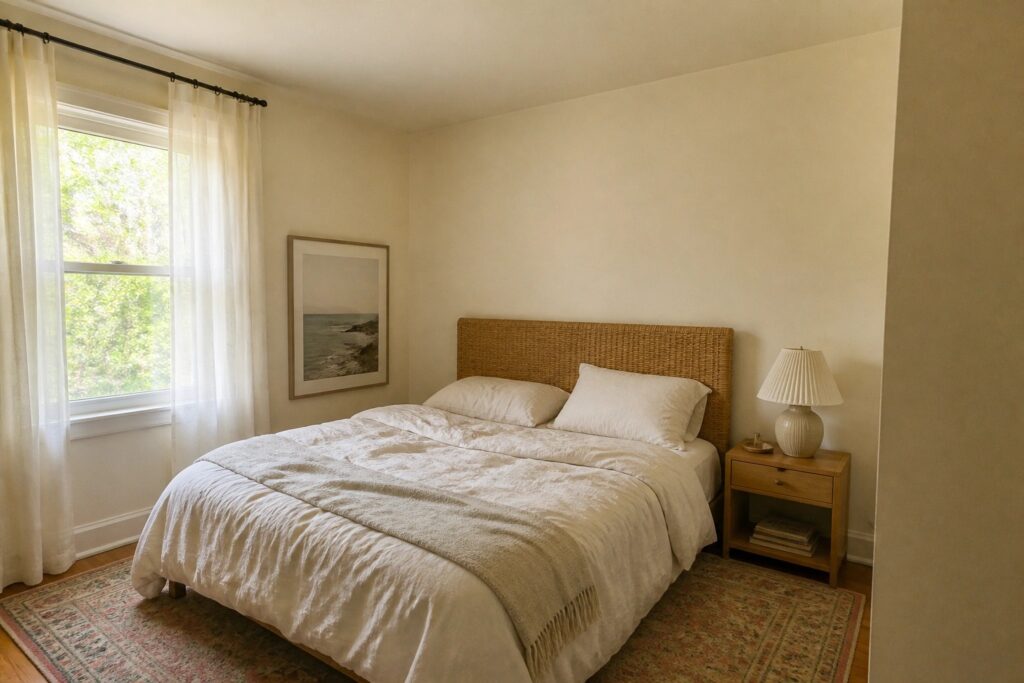 24 Brilliant Paint Colors That Make Small Rooms Look Bigger A small bedroom with soft warm white walls and a bed dressed in white linens.