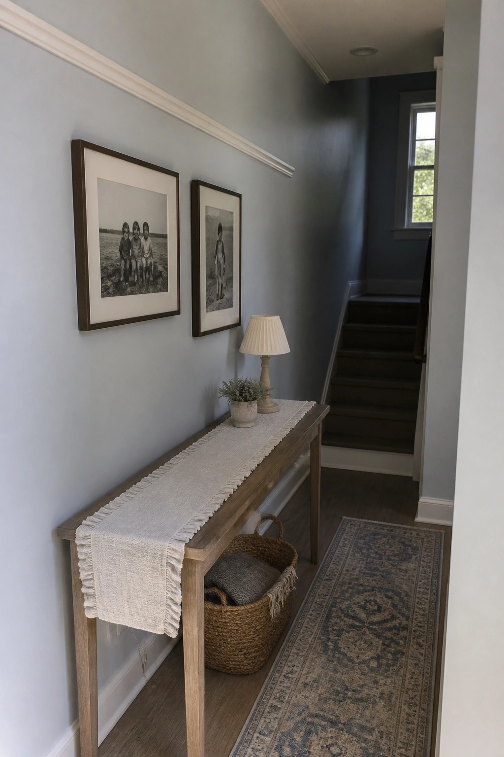 Light blue gray walls in a narrow hallway with a wood console table.