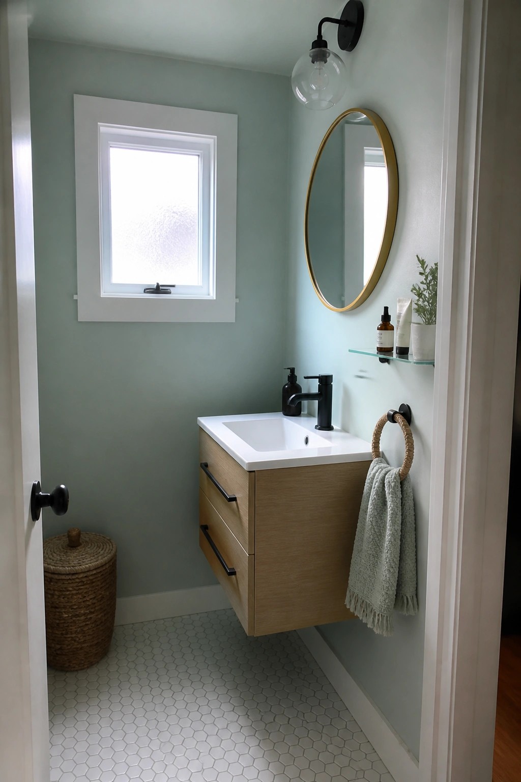Soft sage green walls in a small bathroom with a floating wood vanity and white hex tile.