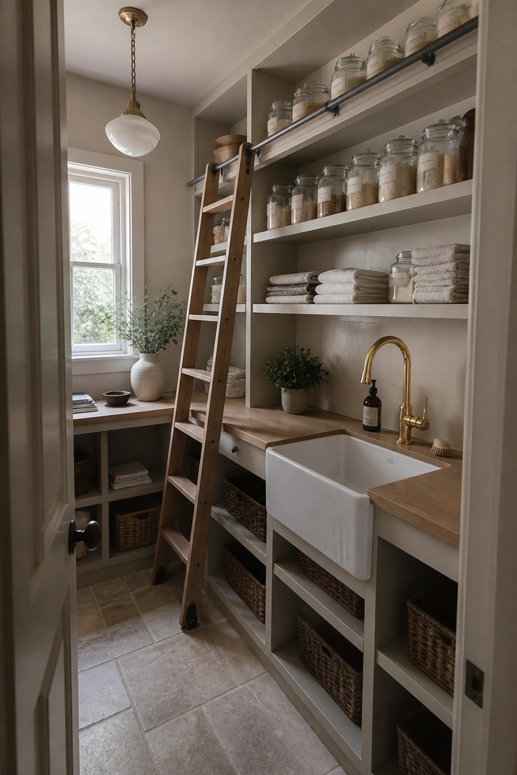 Rustic pantry with rolling wooden ladder, glass jars, white sink, and woven baskets.