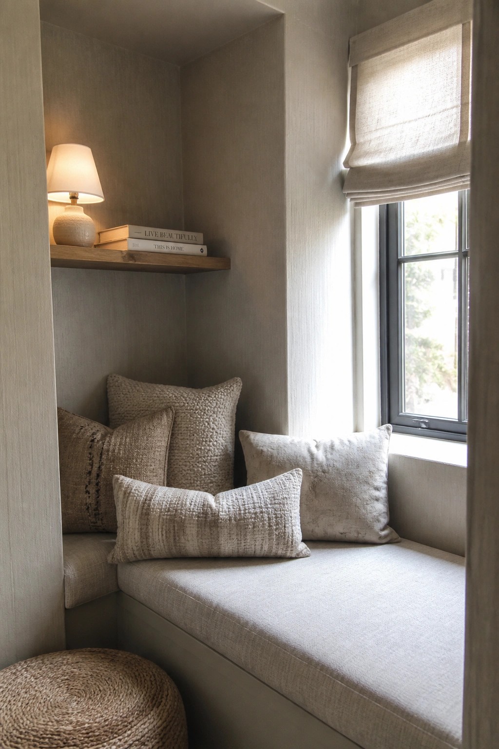 Light beige walls surrounding a built-in window seat nook with a cushioned bench.
