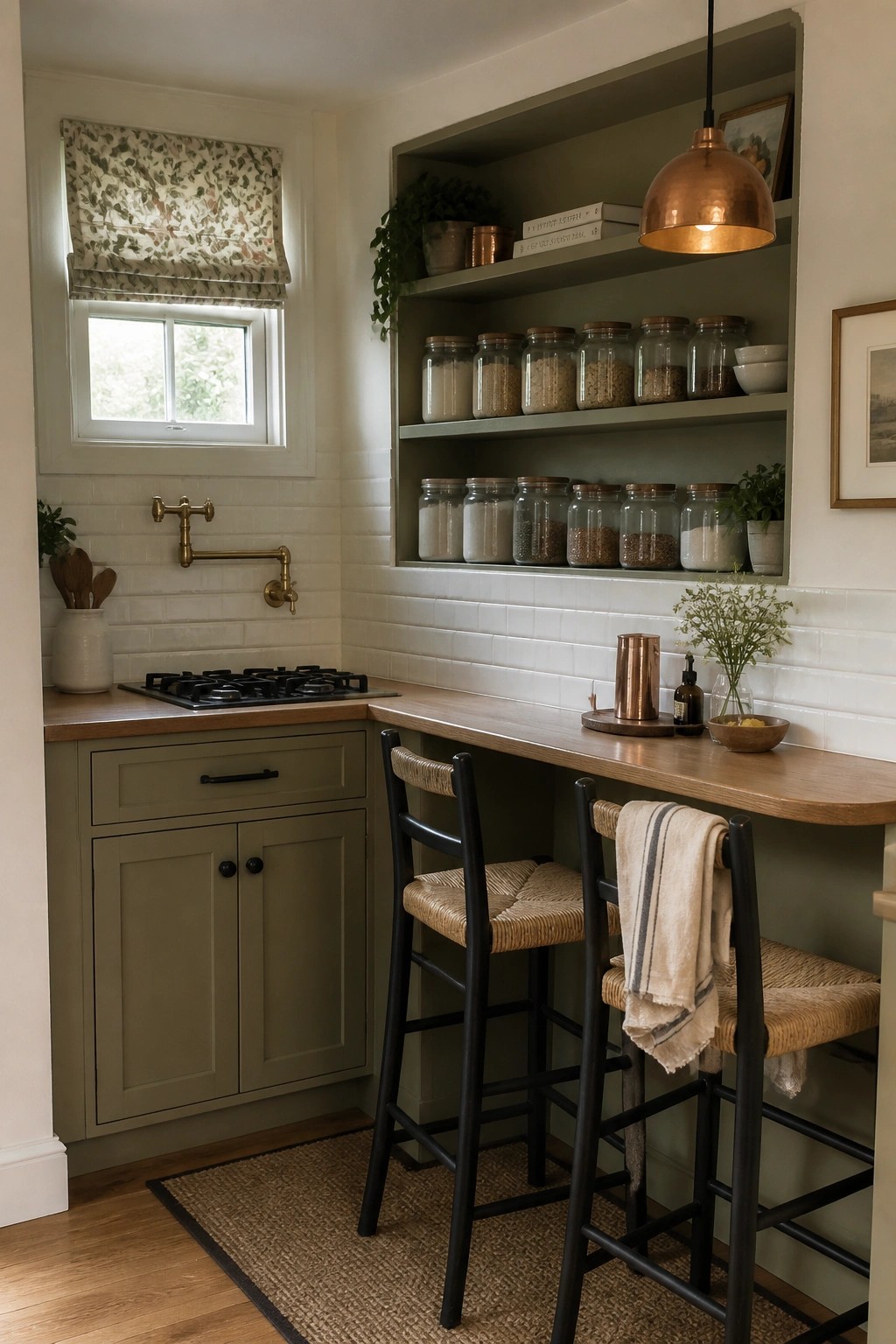 Cozy kitchen with green cabinets, wooden counter, black woven bar stools, and open shelves of jars.