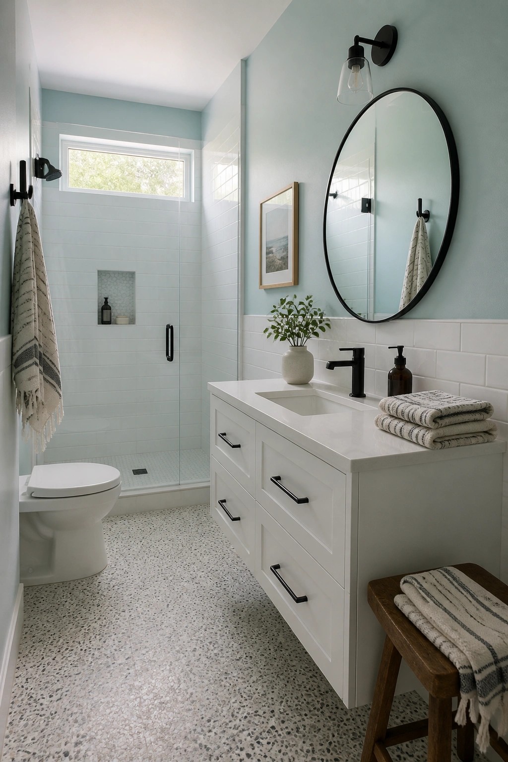 Light blue-green walls above white subway tile in a small modern bathroom.
