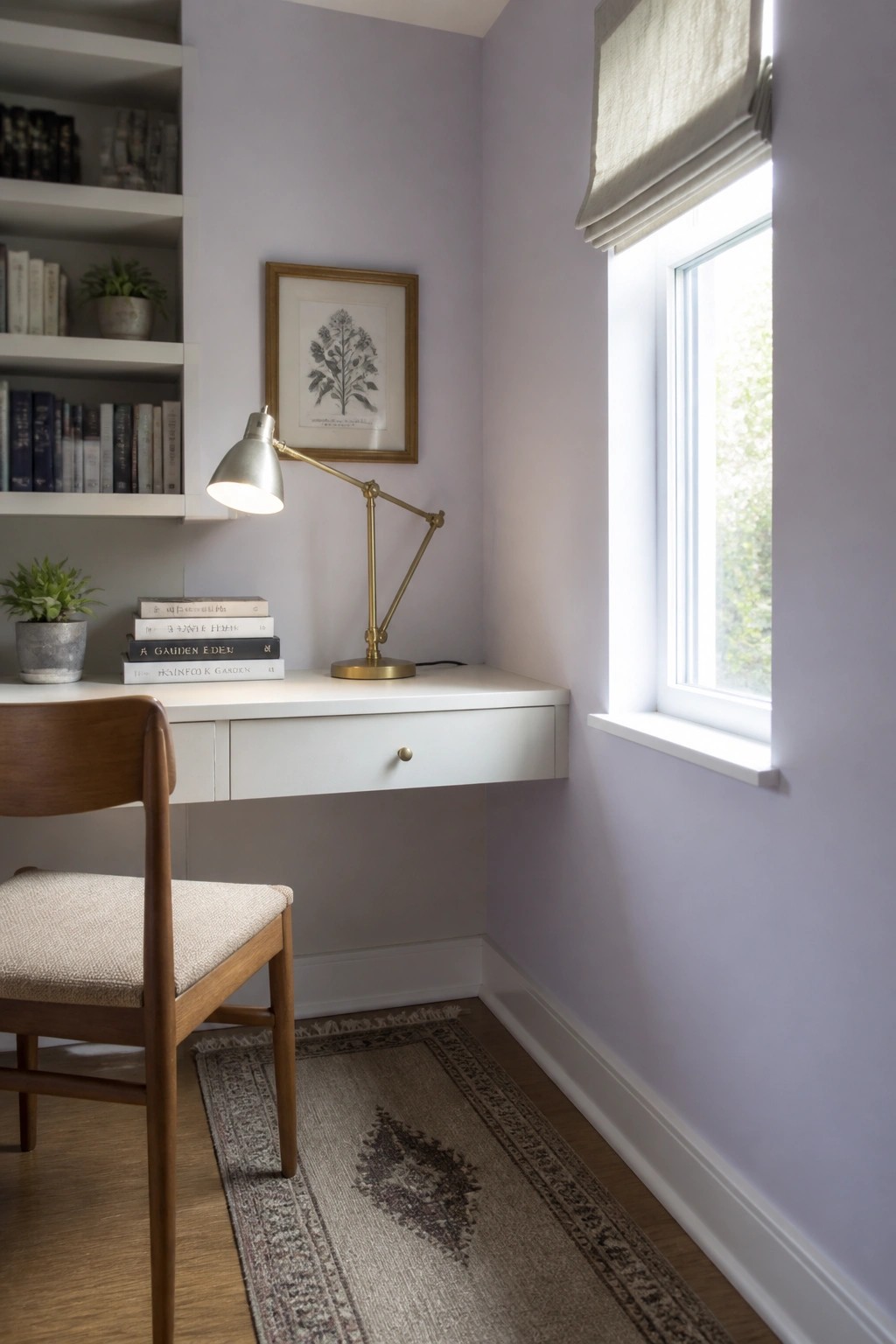 White desk with lit brass lamp, books, and wooden chair in purple nook