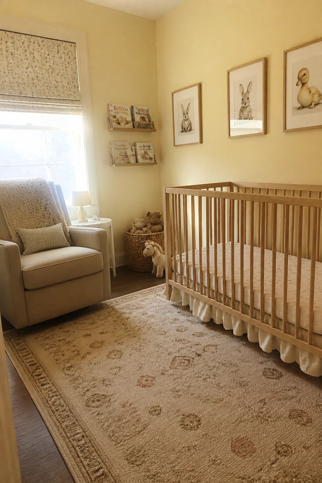 A nursery with soft pale yellow walls, a light wood crib, and a beige armchair near the window.