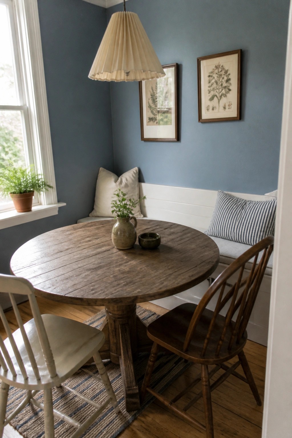 Cozy blue dining nook with round wooden table, bench, chairs, and botanical prints.