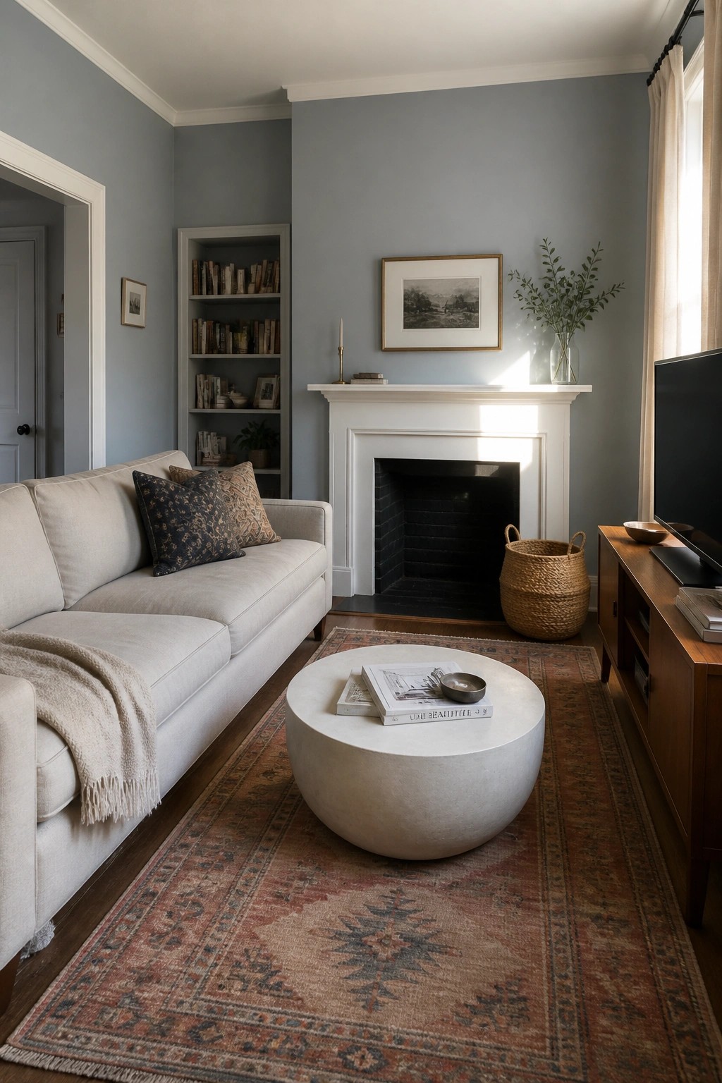 A living room with soft blue gray walls, white fireplace trim, and a round coffee table on a patterned rug.