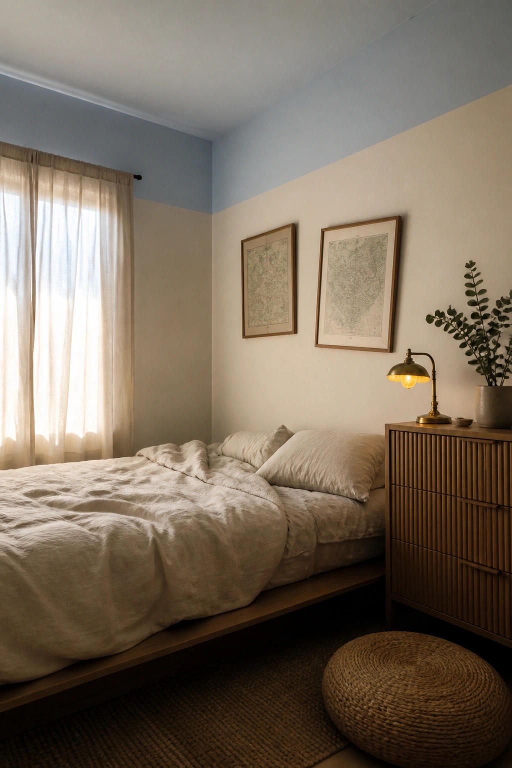 Minimalist bedroom with rumpled linen bed, blue walls, framed maps, and lit brass lamp.