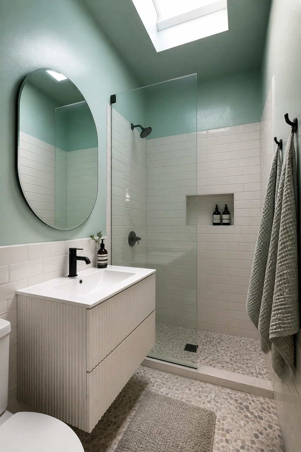 Mint green bathroom with white tiles, oval mirror, pebble shower floor, and hanging towels.