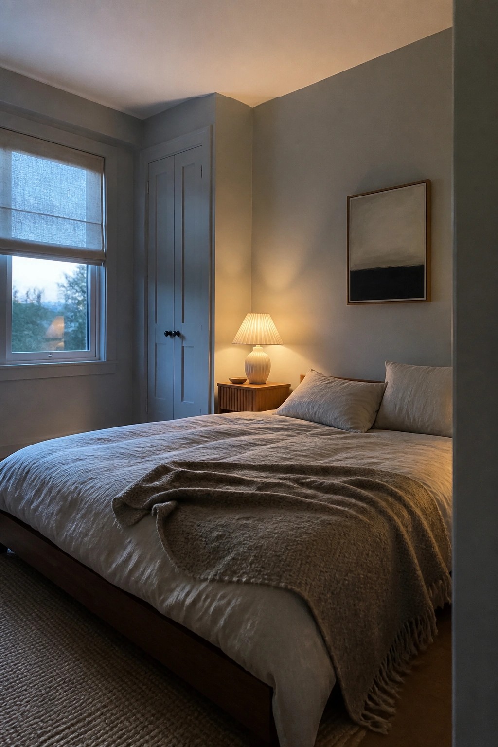 A small bedroom with soft gray walls and a dark wood bed frame.