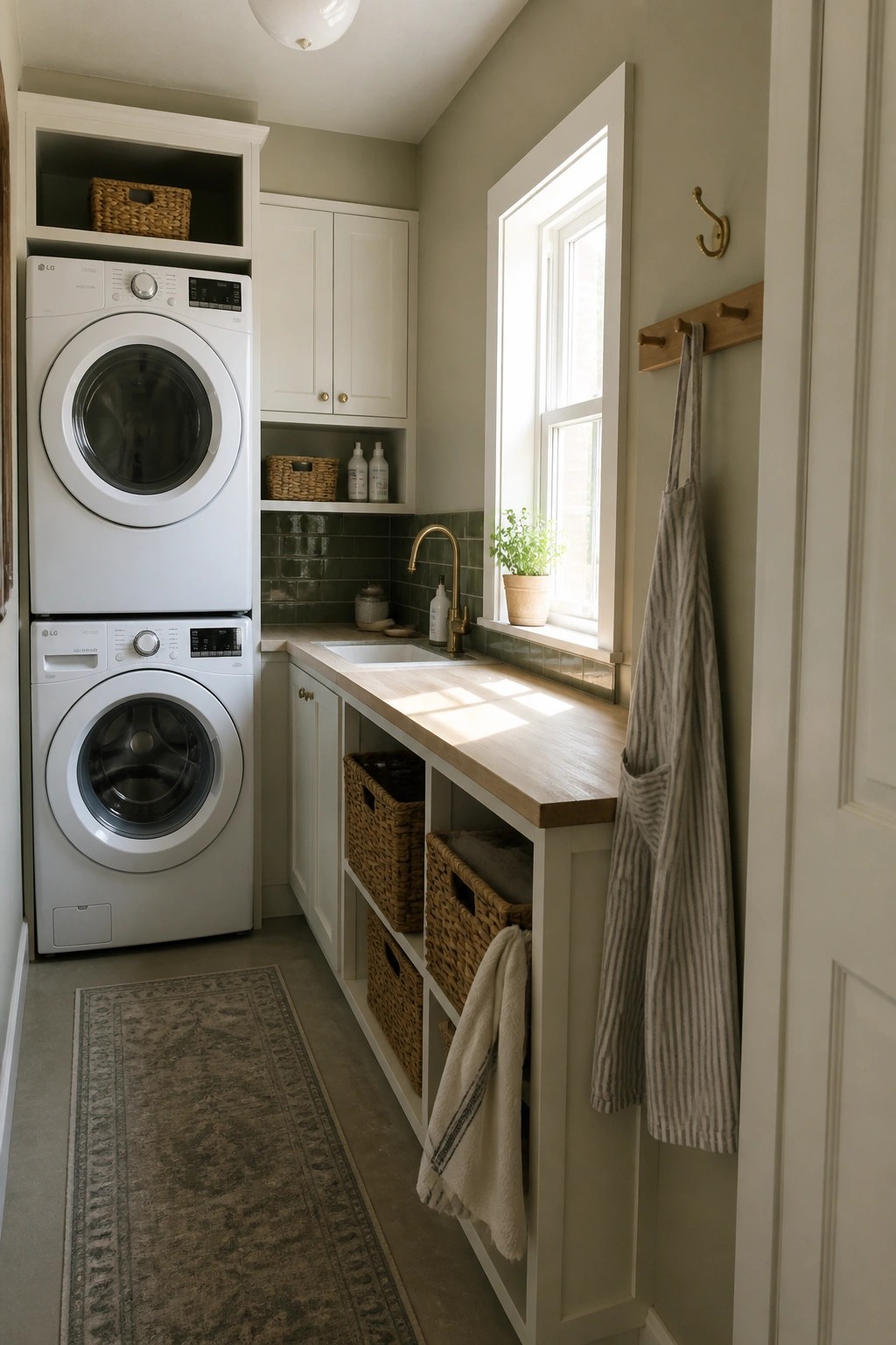 A narrow laundry room painted in soft sage green with white cabinetry and a wood countertop.
