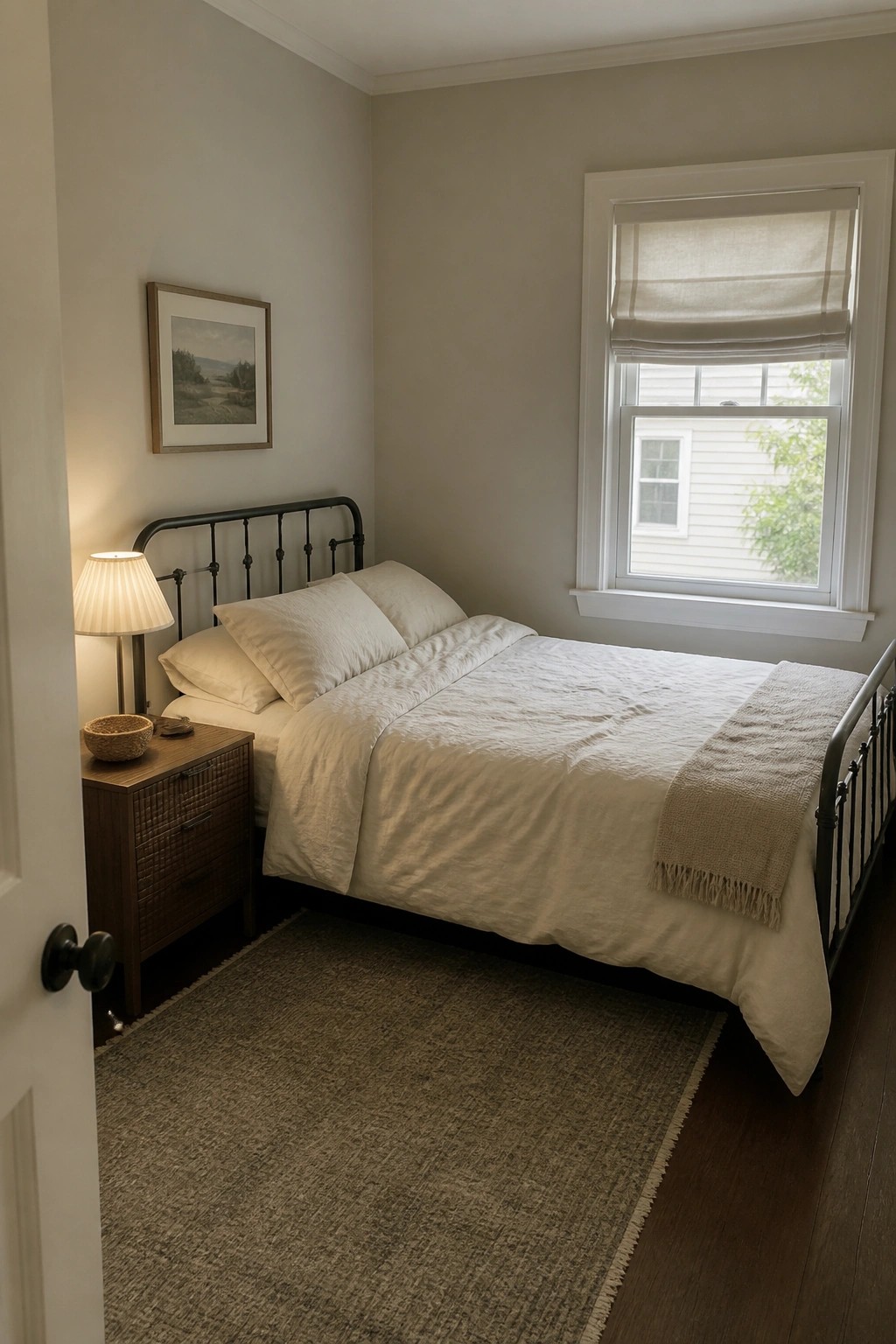 Cozy bedroom with white bedding, black metal bed frame, wooden nightstand, and beige rug.