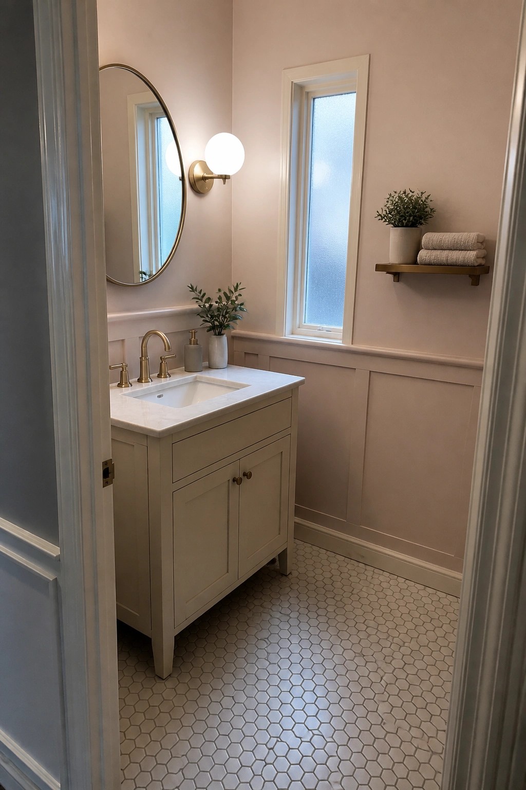 Beige bathroom vanity with marble sink, gold fixtures, and hex tile floor.