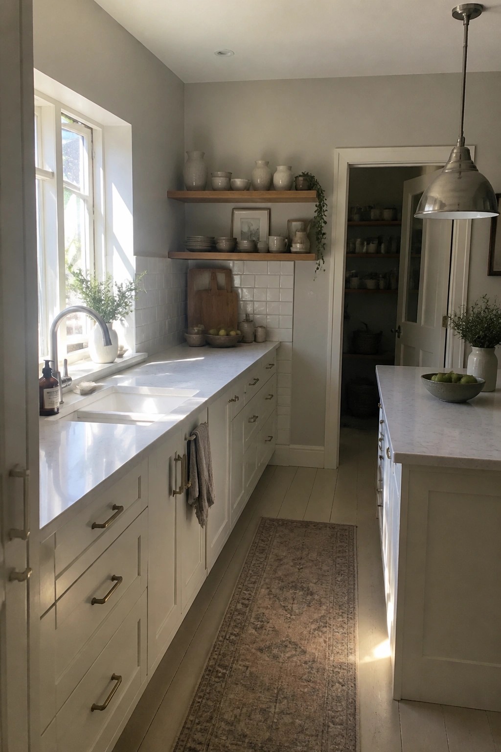 Narrow kitchen with soft greige walls, white cabinets, and a marble countertop.