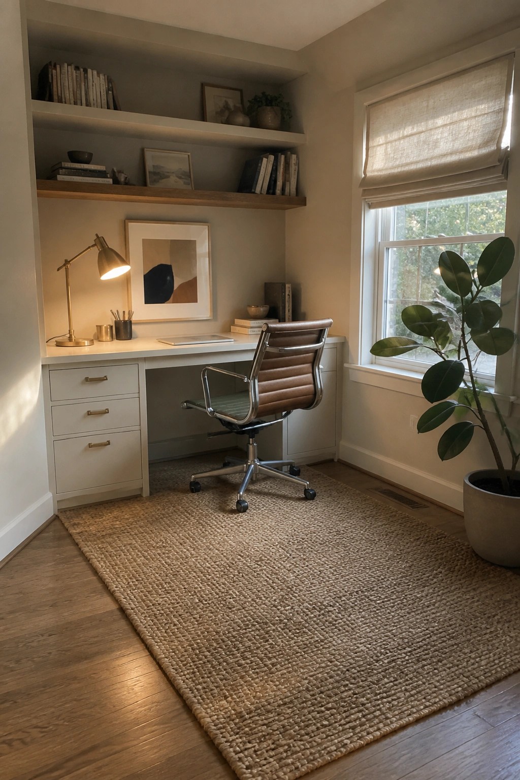 Built-in desk nook painted in a soft warm off-white to brighten the small room.