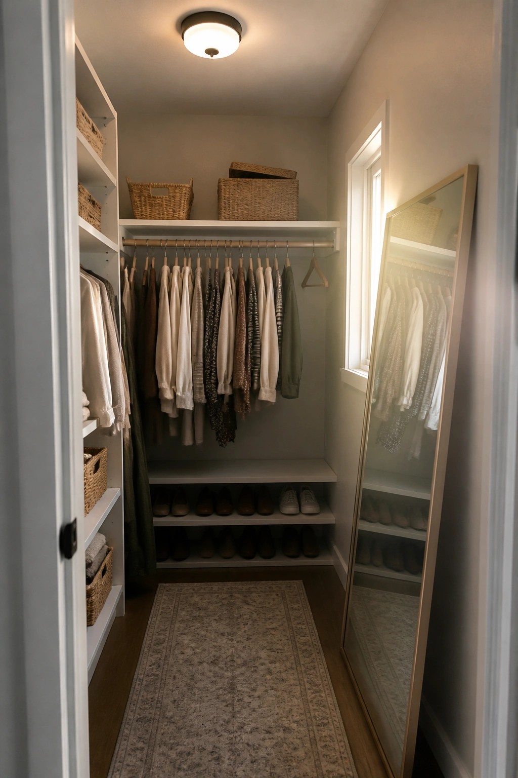 Narrow closet with soft warm off-white walls, built-in shelves, and wood flooring.