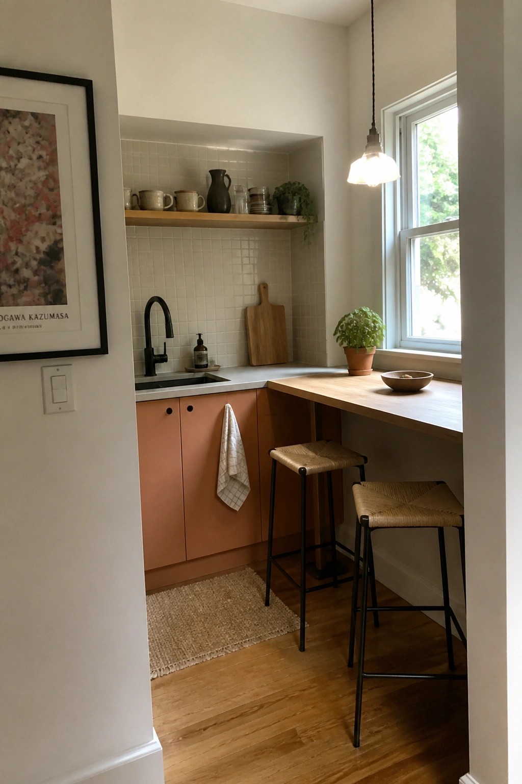 Modern kitchen with coral cabinets, wood counter, two woven stools, and pendant light