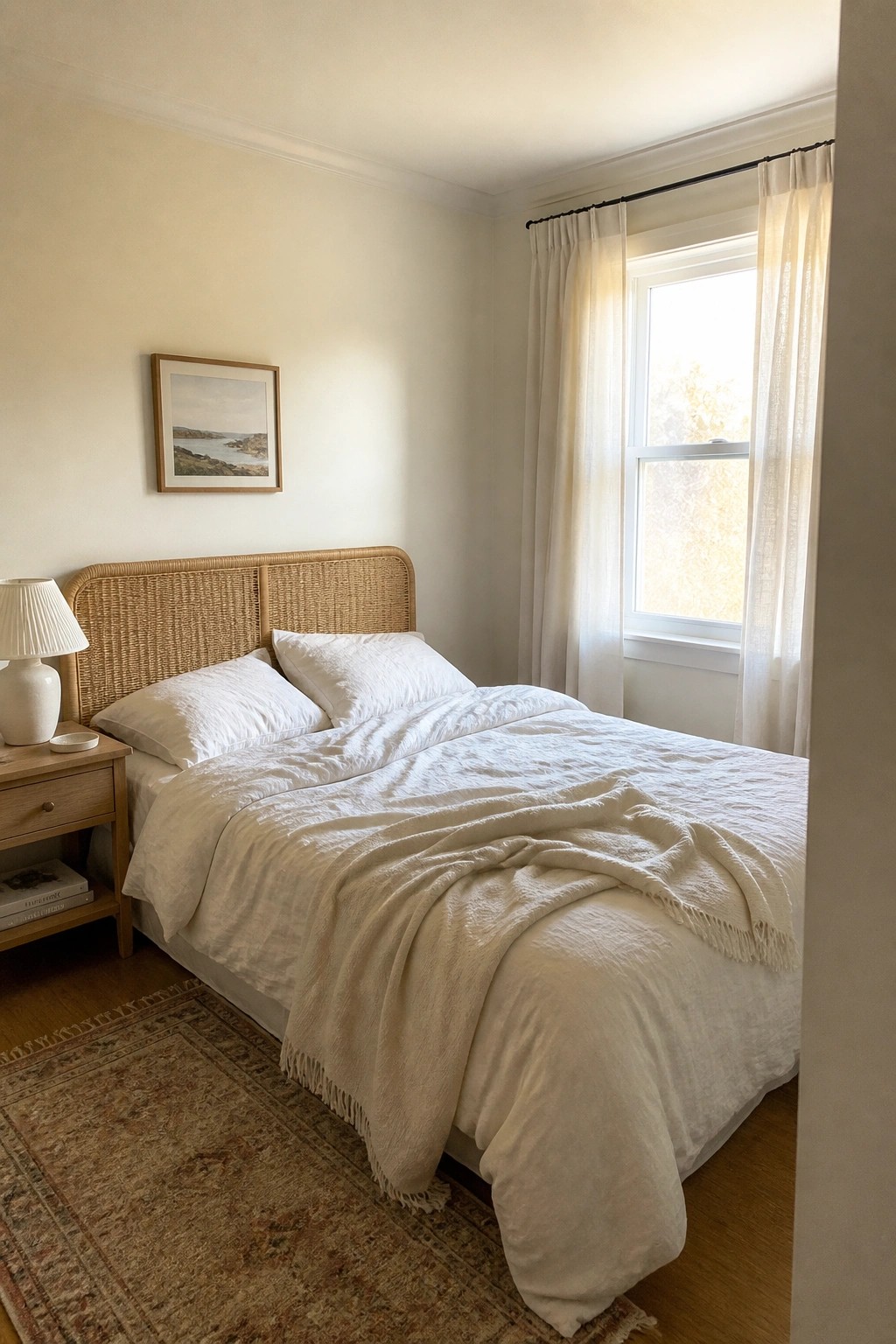 A small bedroom with soft warm white walls and a bed dressed in white linens.