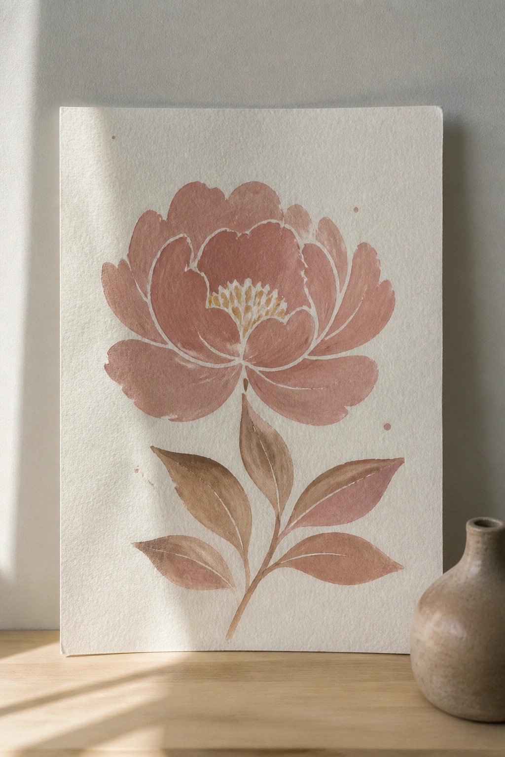 Watercolor peony in soft pink hues with brown leaves on white paper near vase