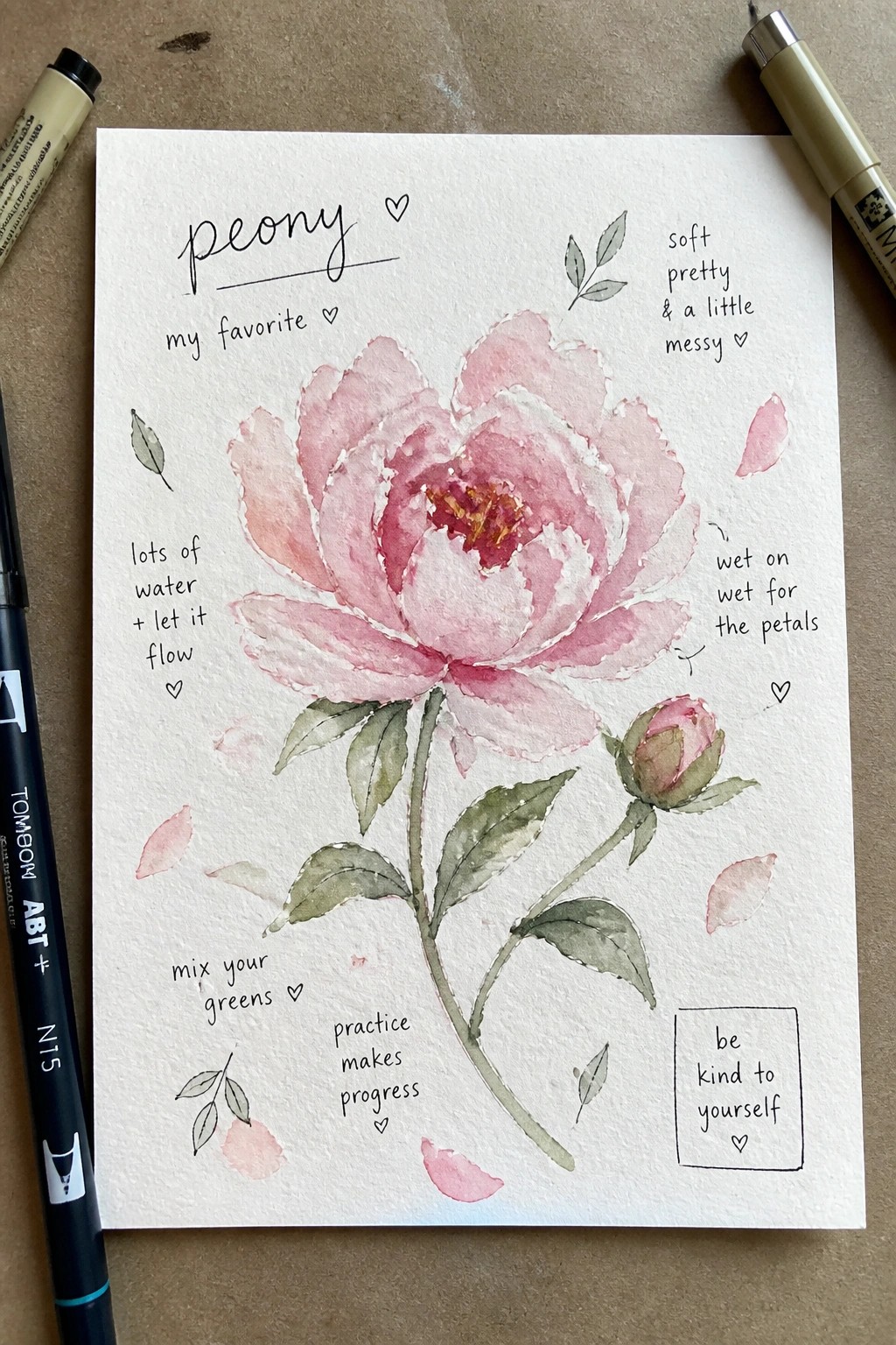 Watercolor peony in pink with bud, leaves, text notes, and art pens nearby.