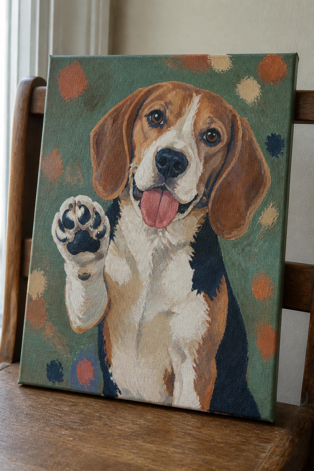 Beagle painting waving paw on green canvas with colorful dots, atop wooden chair.