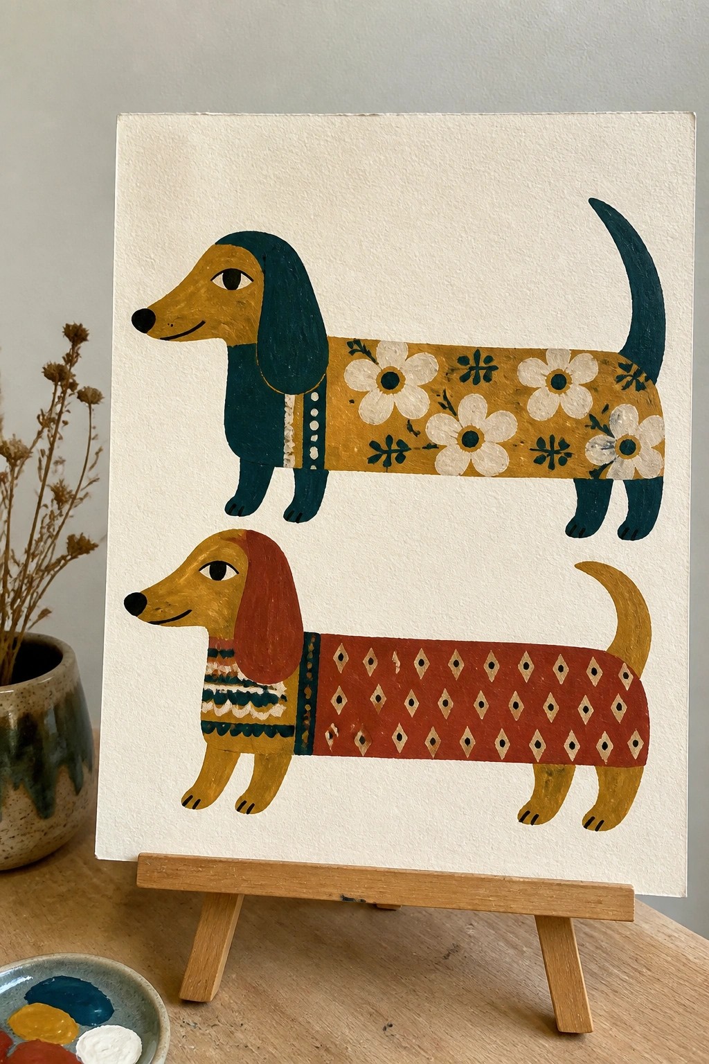 Two stylized dachshund paintings on a white canvas, one with a floral body pattern and one with a geometric pattern, displayed on a small wooden easel.