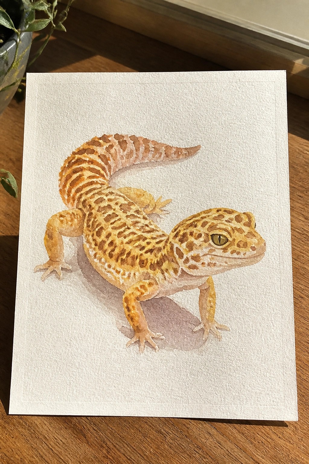 Watercolor painting of orange spotted leopard gecko on textured white paper