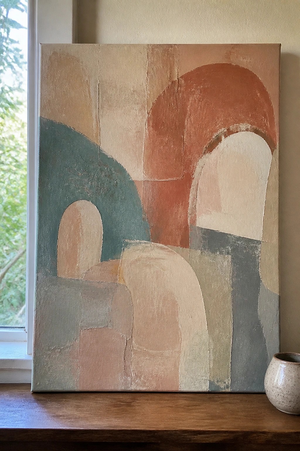 Abstract painting with curved shapes in terracotta, teal, and beige beside a ceramic pot.