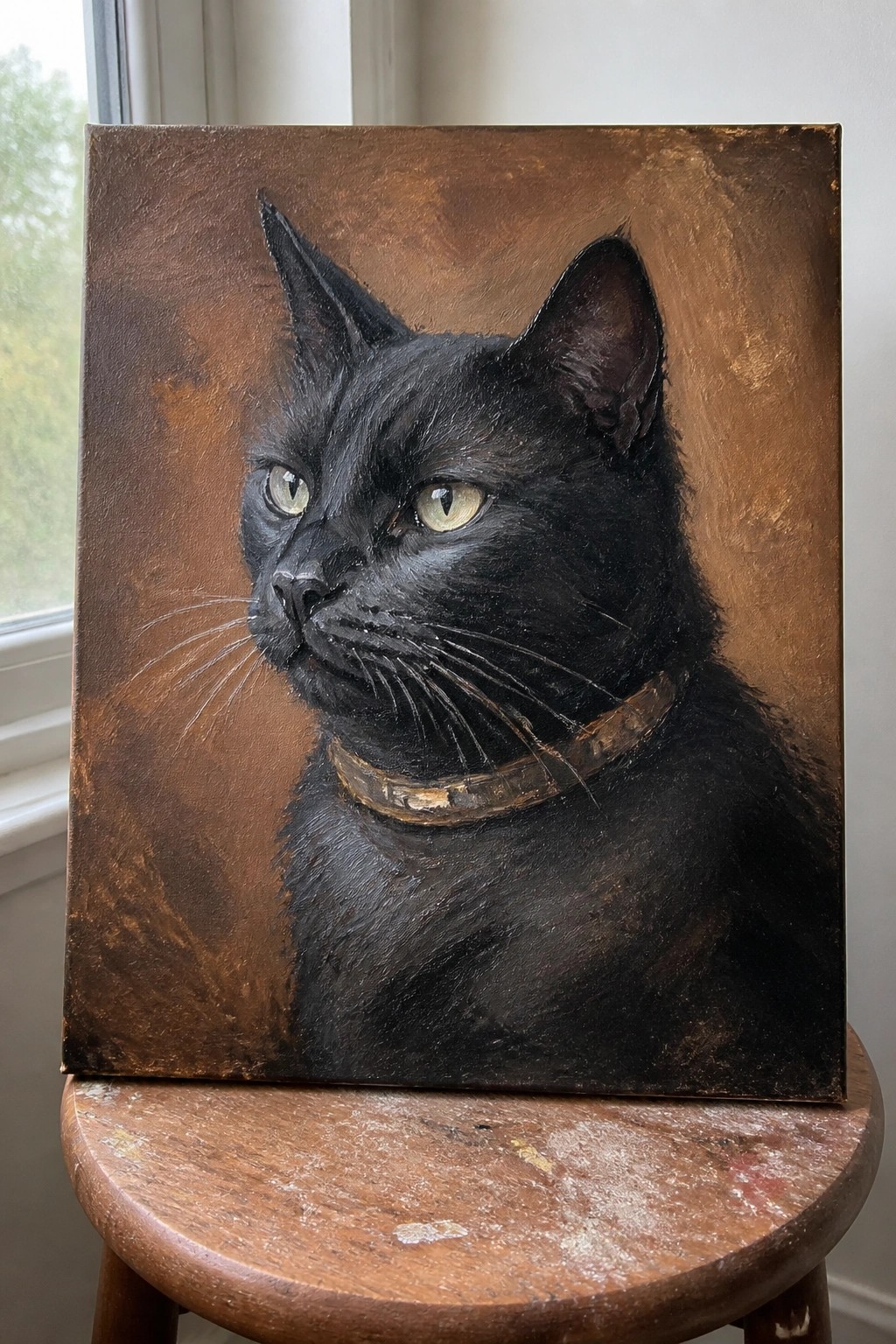 Oil painting of black cat with green eyes and collar on wooden stool.