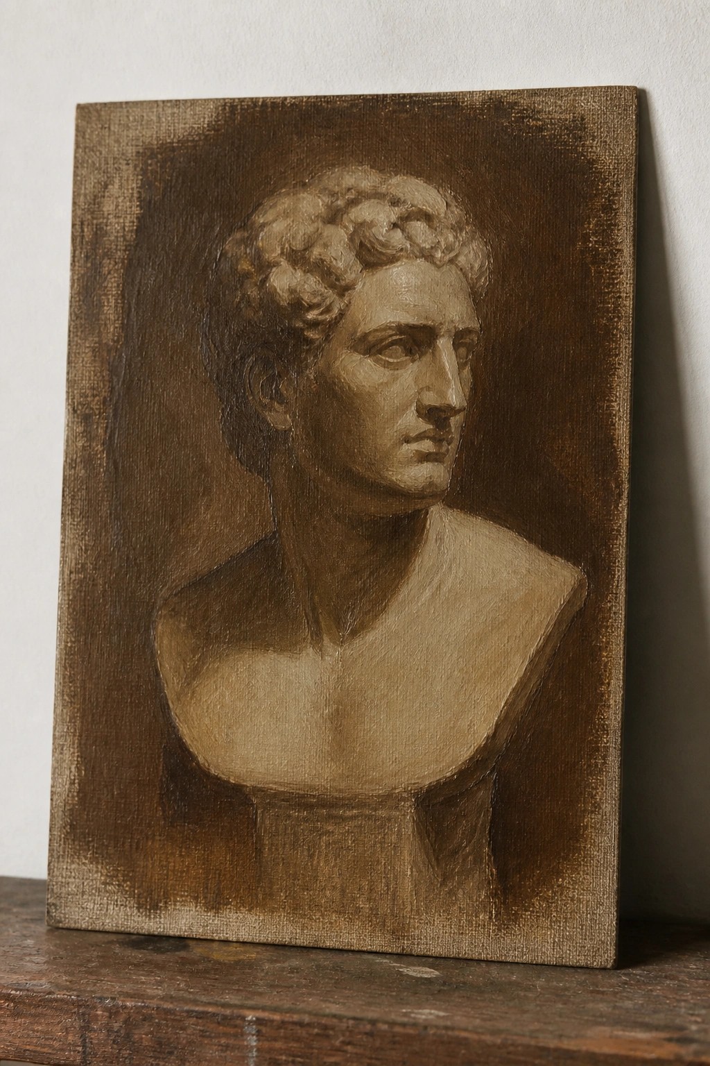 Classical male bust with curly hair painted in brown tones on canvas.