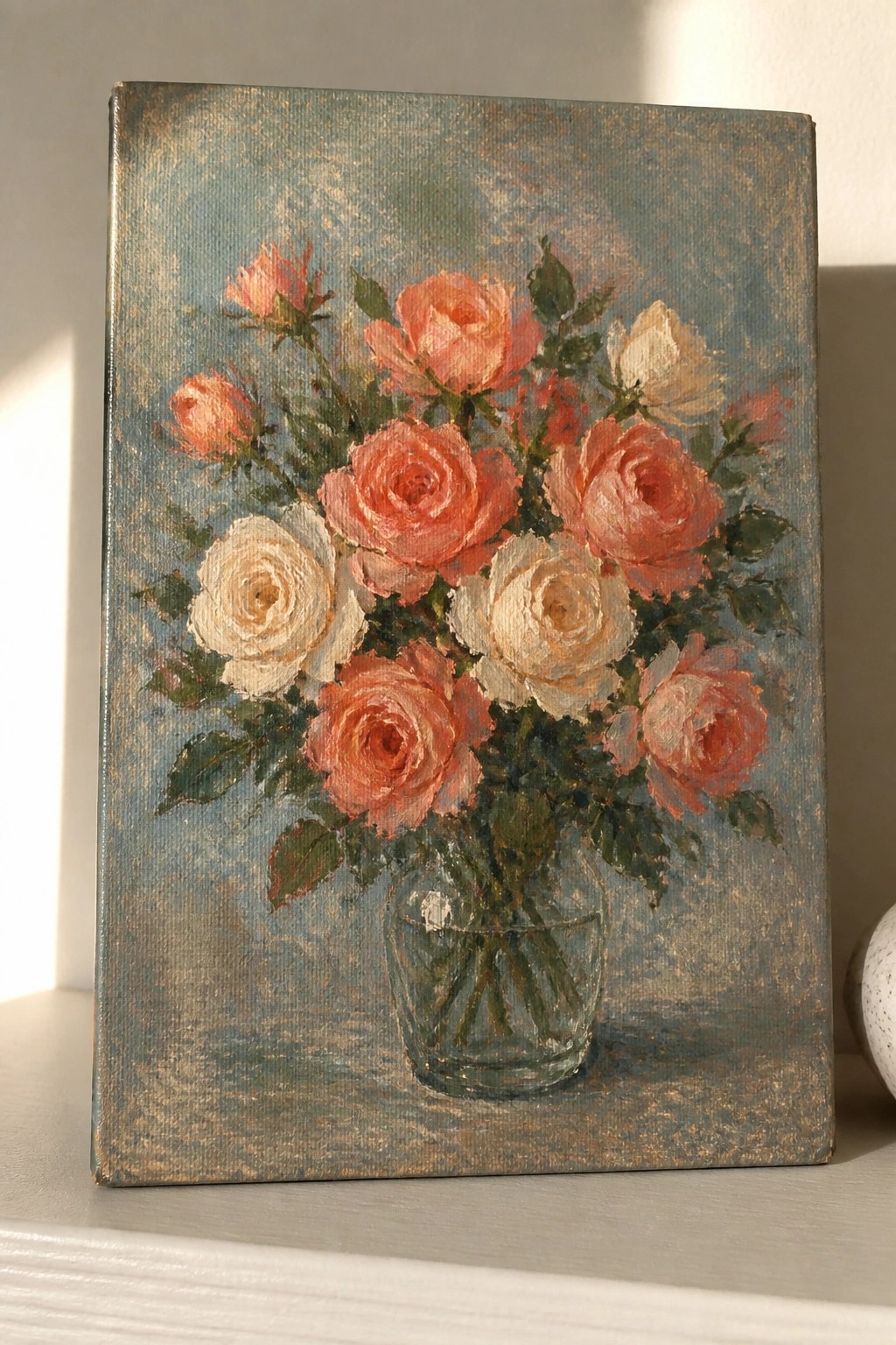 Painting of pink and white roses in glass vase on textured blue background