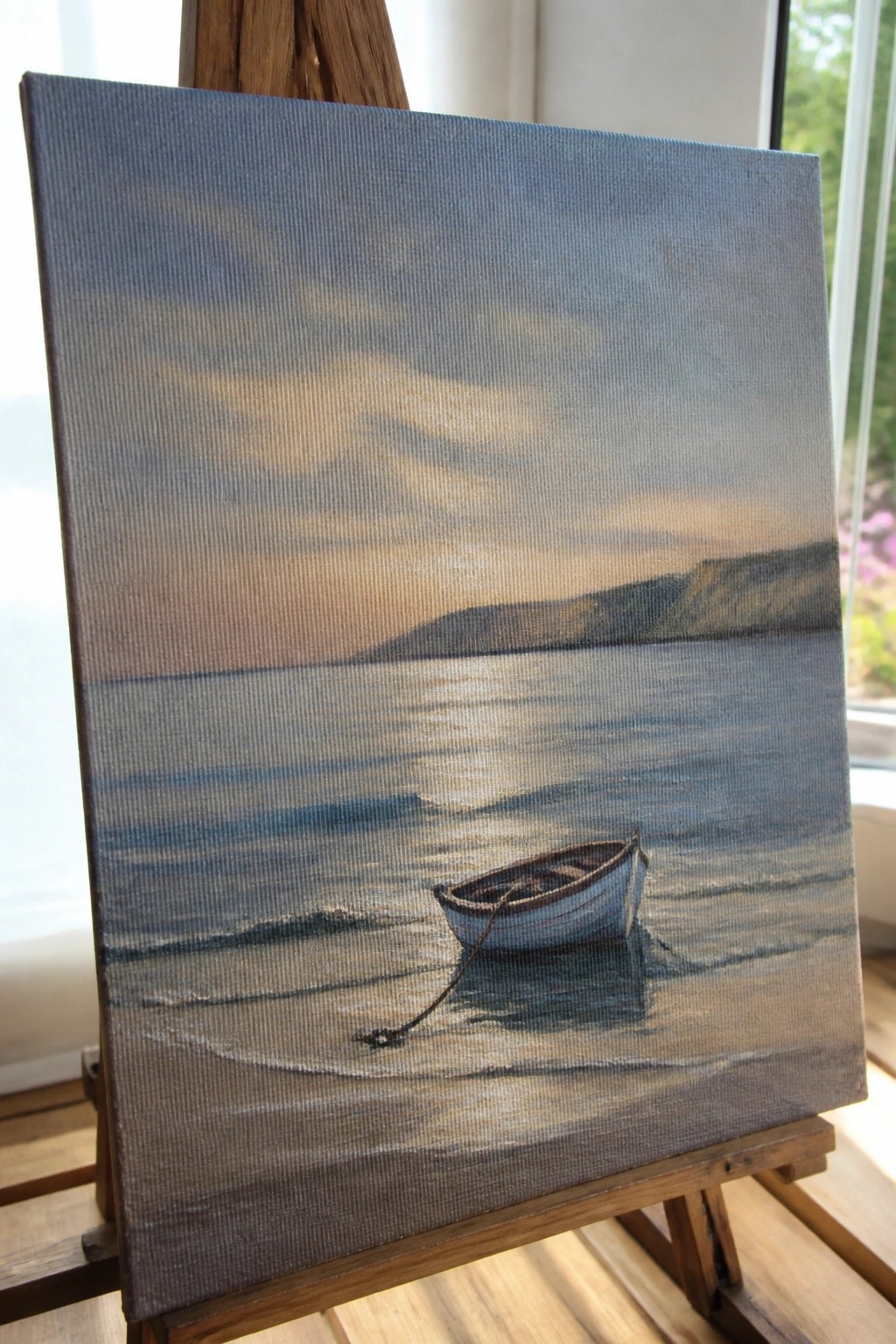 Painting on wooden easel of small boat on beach at sunset with distant hills