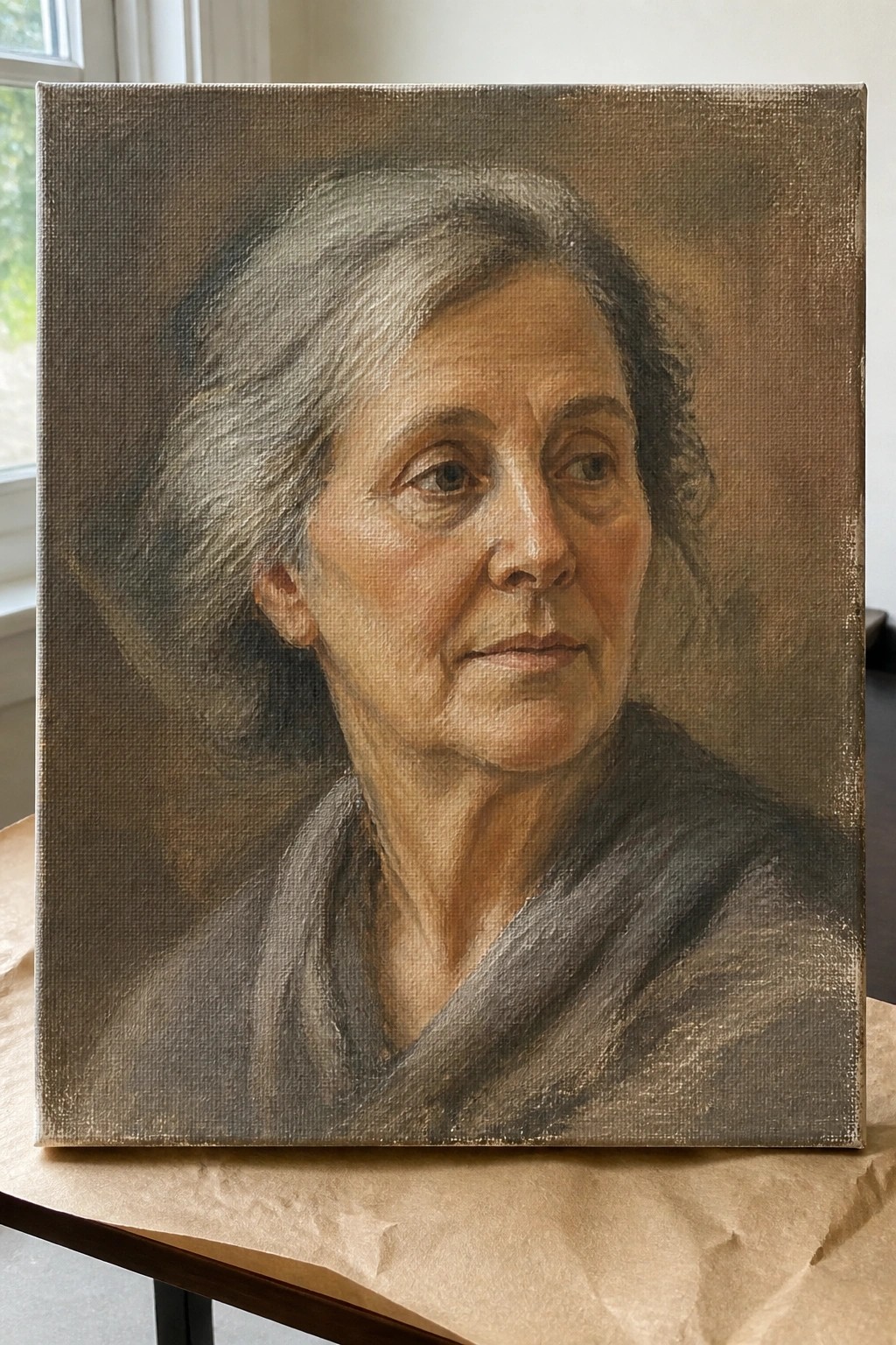 Realistic oil portrait of elderly woman with gray hair in dark shawl on canvas.