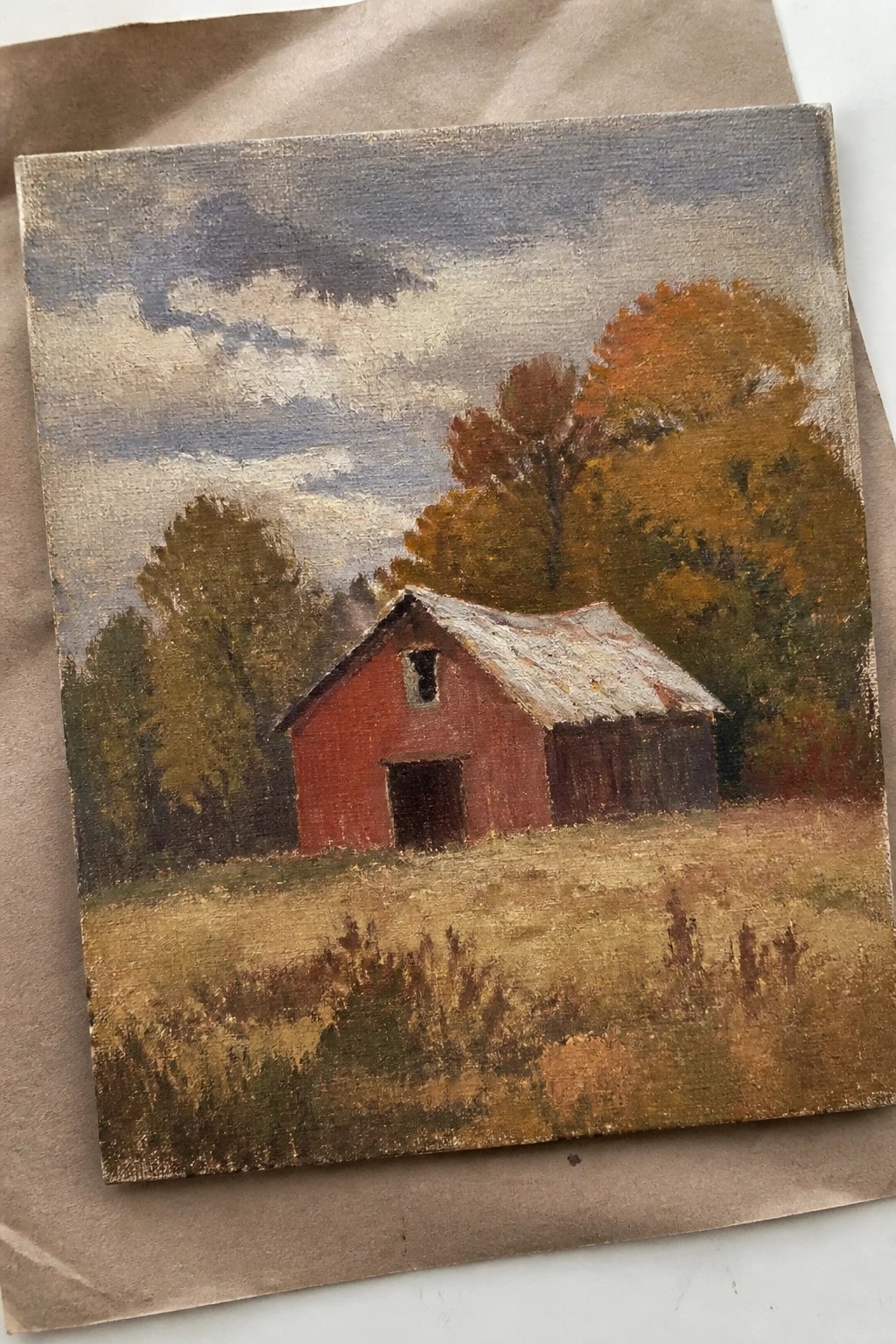 Red barn with weathered roof in autumn field amid colorful trees under cloudy sky.