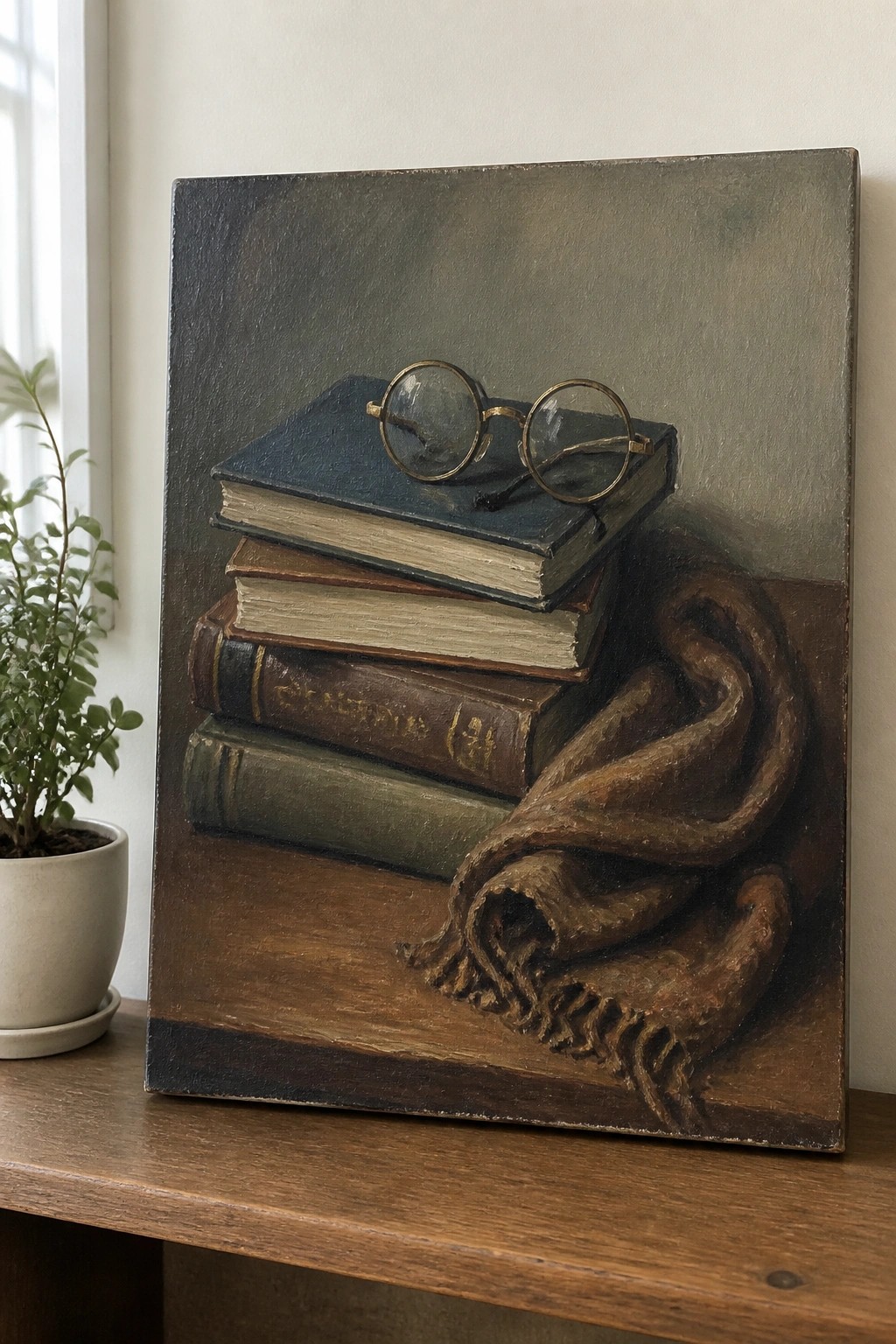 Realistic painting of stacked old books with round glasses and draped brown fabric on wood