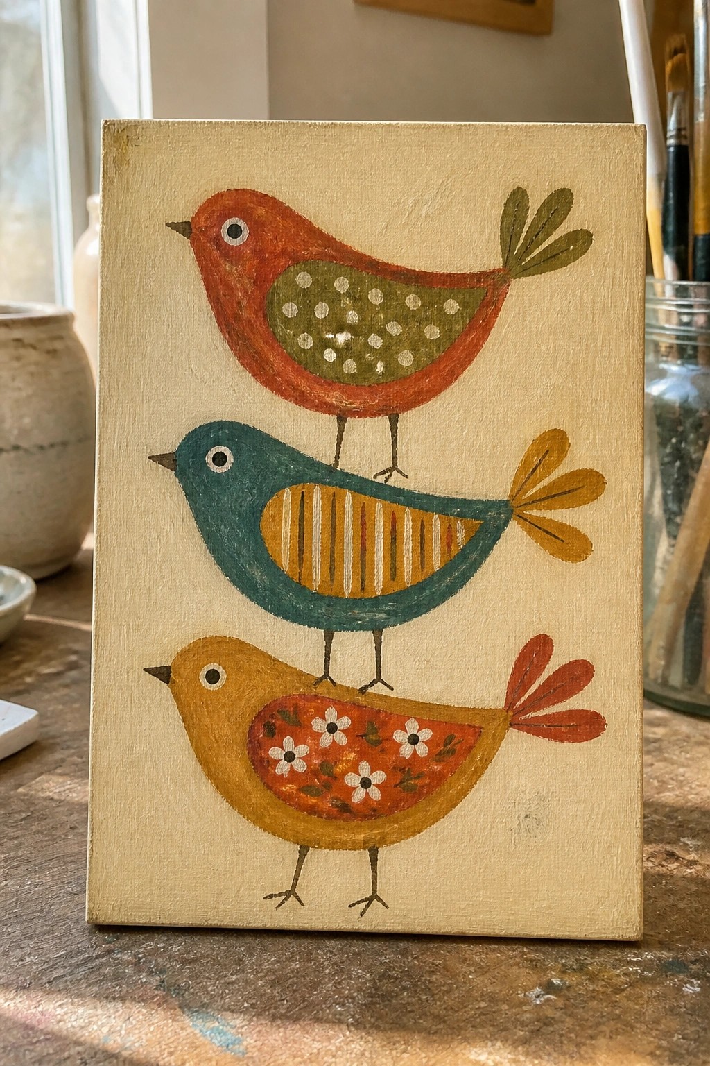 Three stacked colorful birds with patterned bodies in folk-art painting style