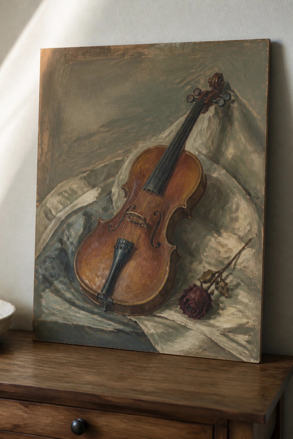 Still life painting of violin on draped cloth beside wilted rose