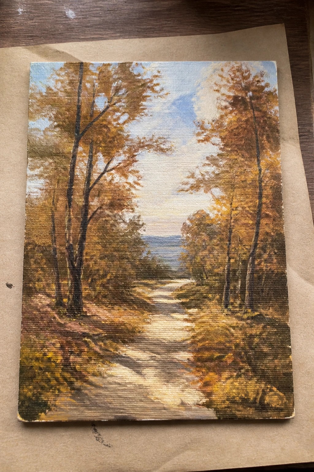 Autumn landscape with winding path through orange and yellow autumn trees under blue sky