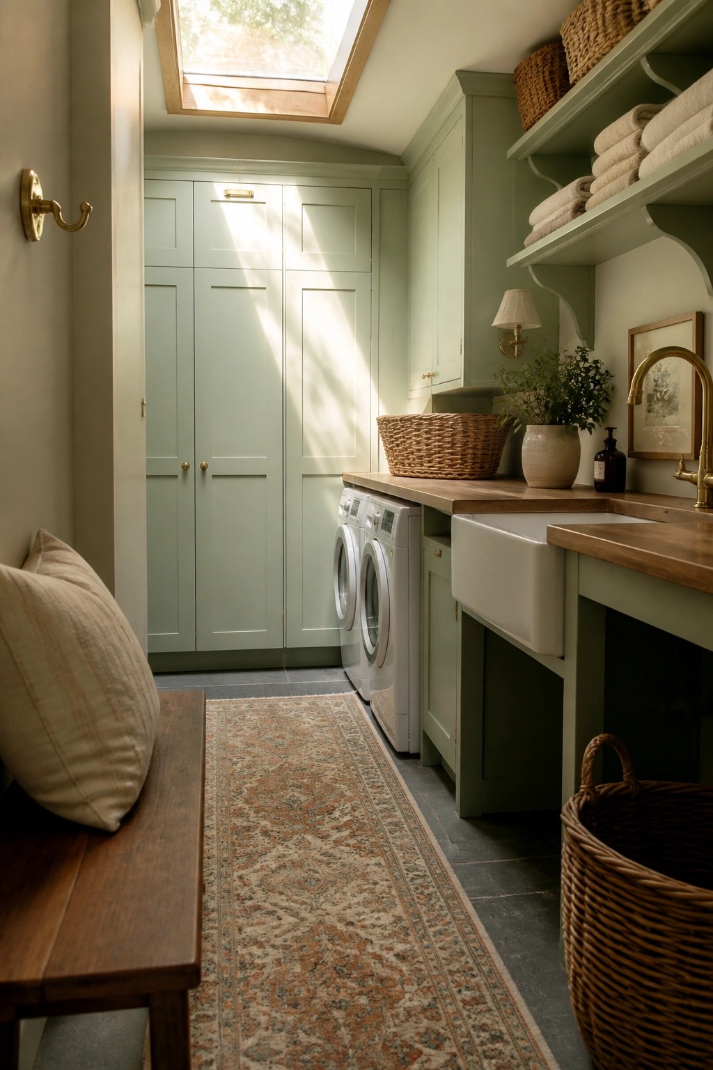 Soft mint green cabinetry and walls in a compact laundry room with wood counters and a white sink.