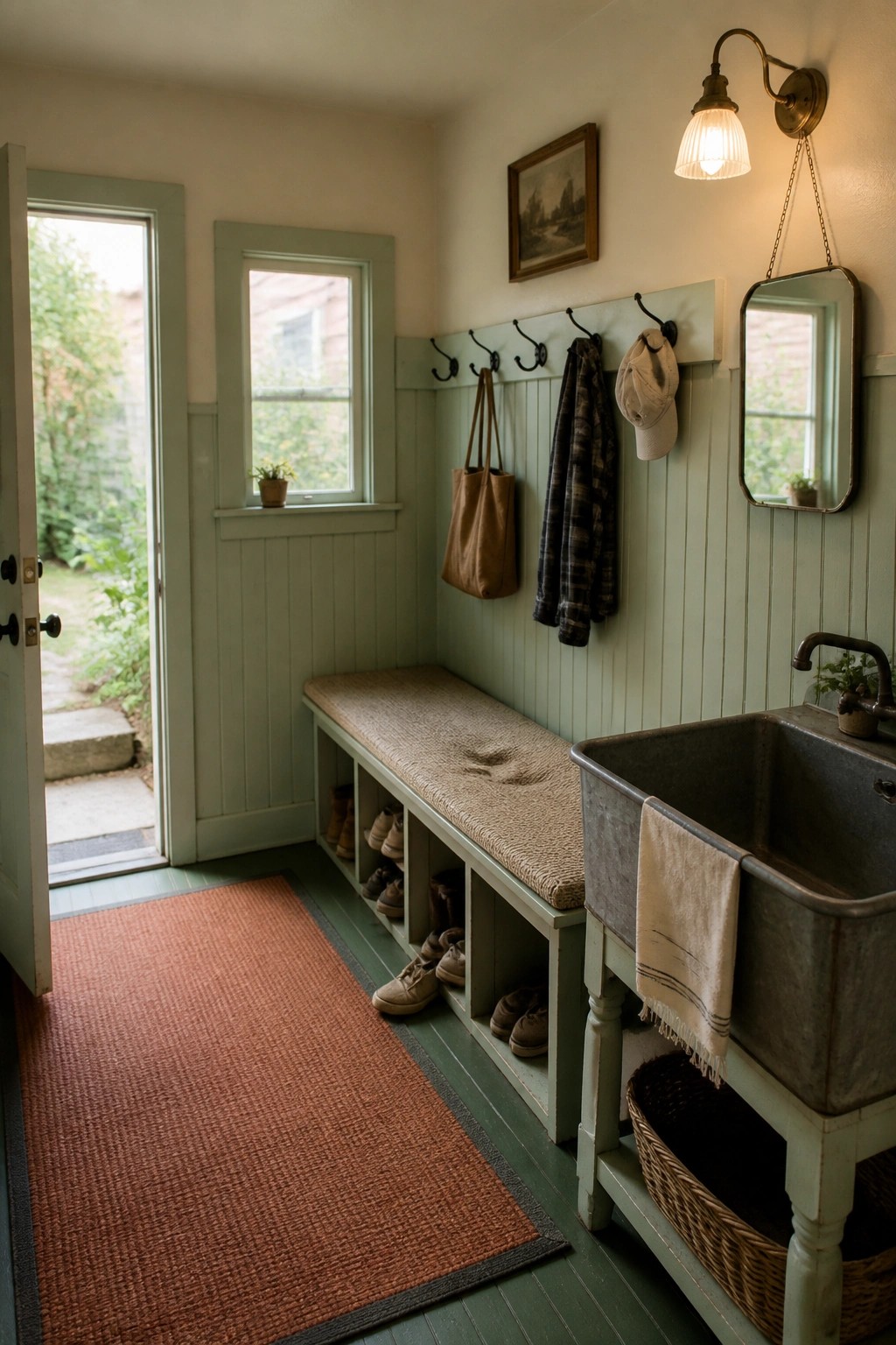 Soft mint green walls and built-in bench in a retro mudroom with a metal sink.
