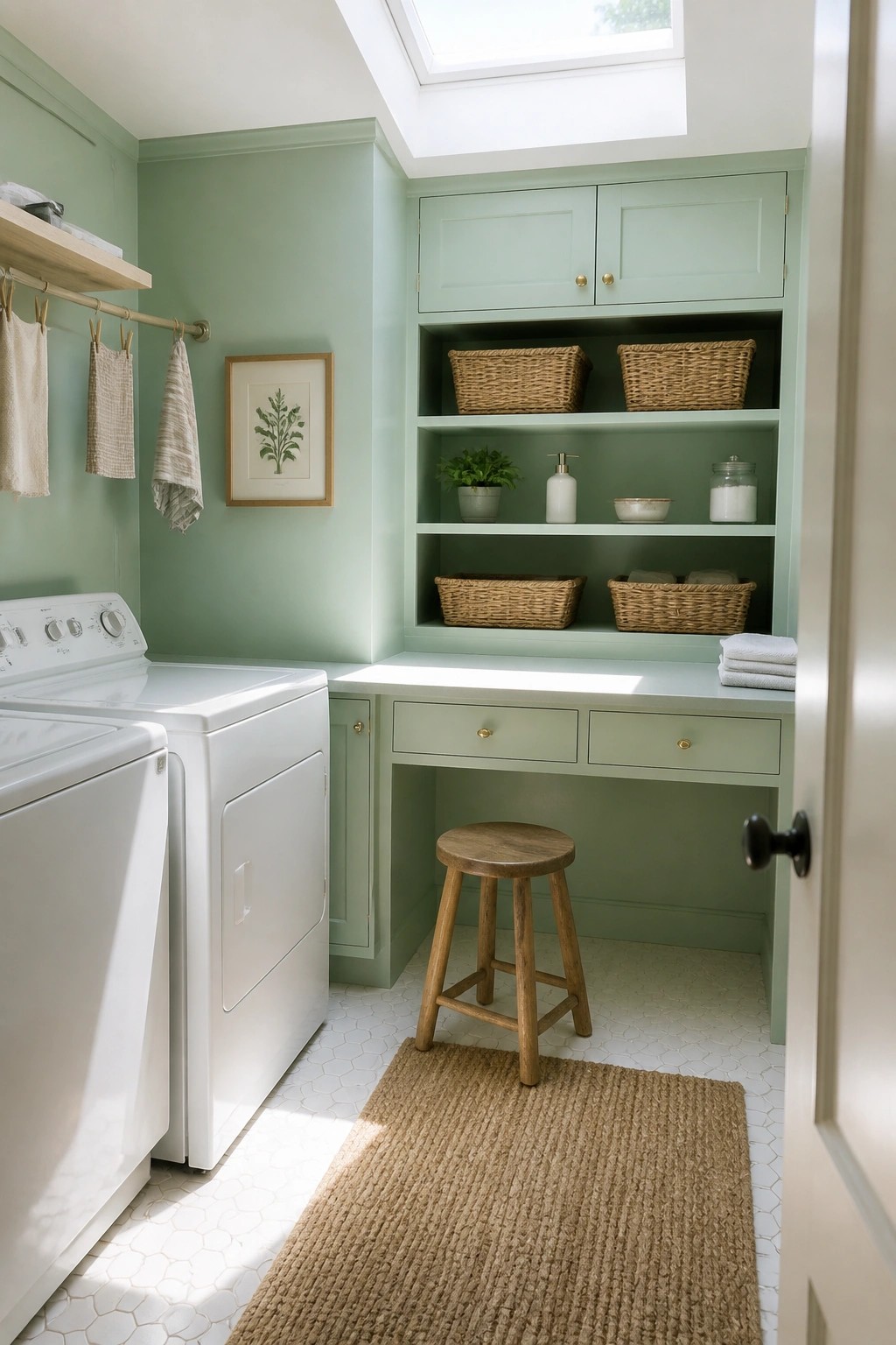 A laundry room with mint green walls and built-in cabinetry above white appliances and a wooden stool.