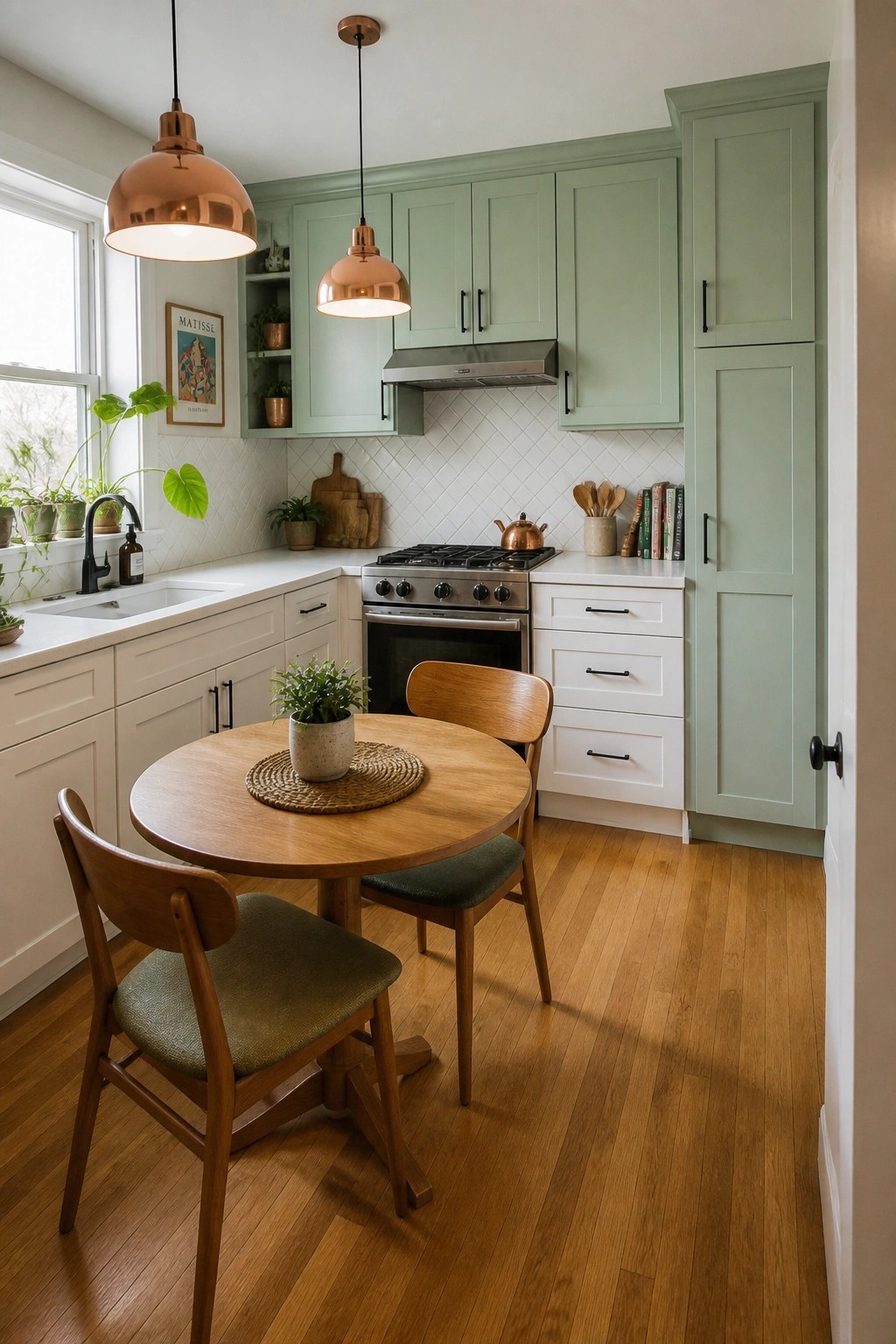 Mint green upper cabinets in a retro kitchen with white tile and wood accents.