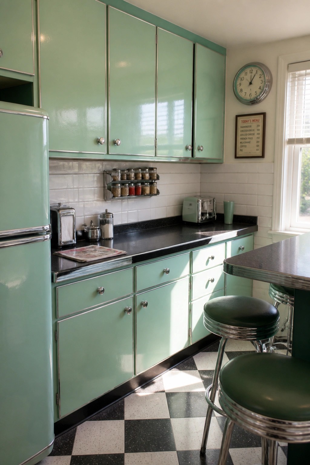 Mint green cabinets and matching refrigerator in a retro kitchen with black counters and white tile.
