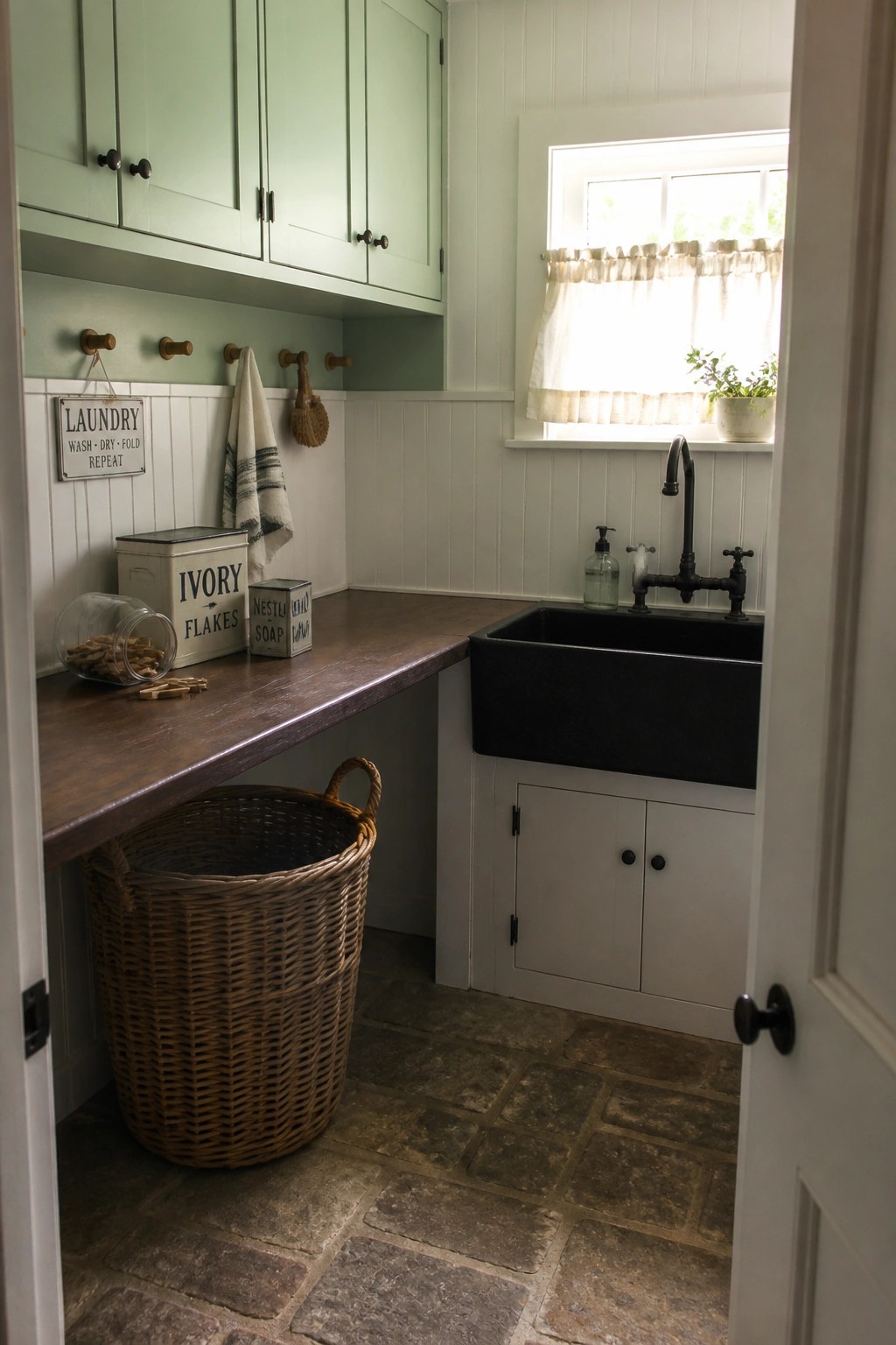 Mint green upper cabinets above a dark wood counter in a laundry room with black sink.