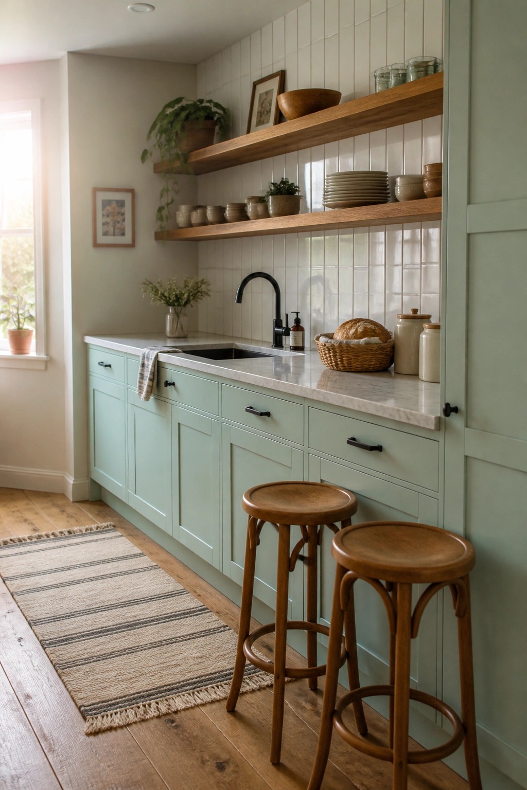 Mint green kitchen cabinets paired with white tile and wooden open shelves.