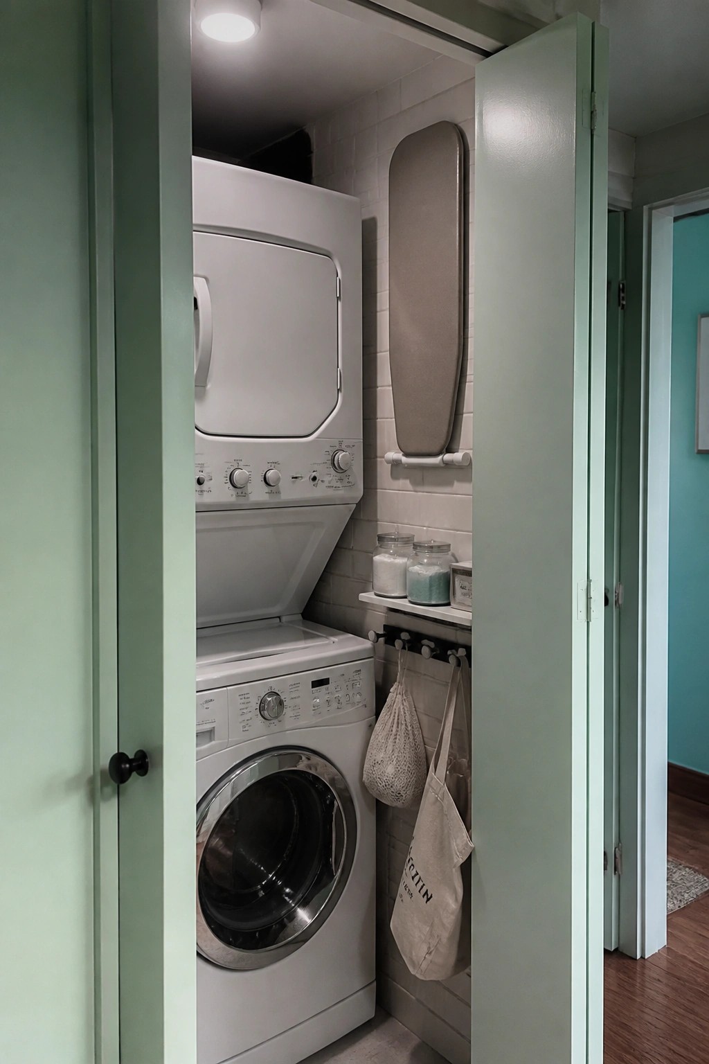 Mint green doors and trim frame a stacked washer and dryer closet with white tile walls.
