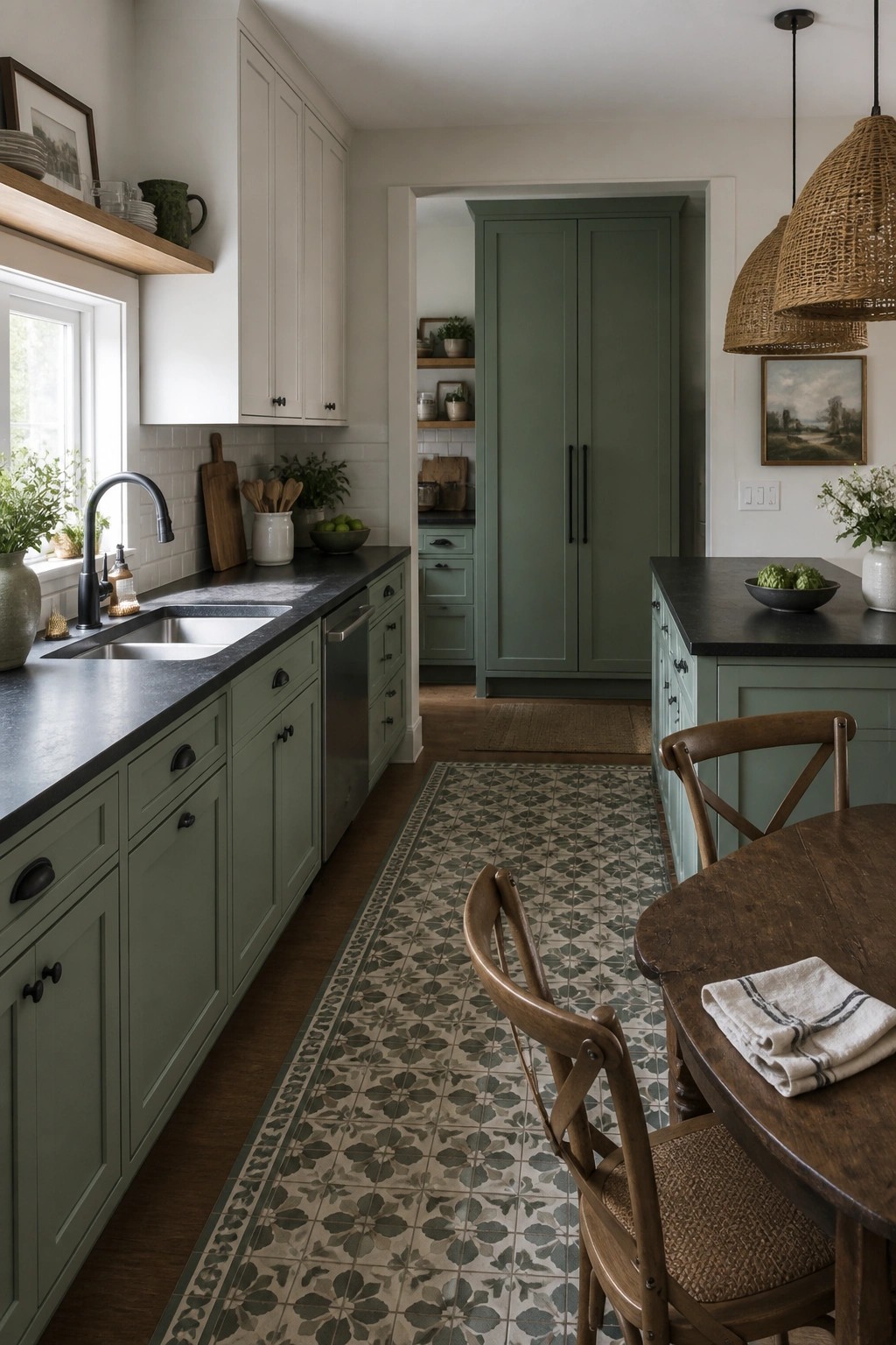 Sage green kitchen with black counters, patterned runner rug, and wooden dining table.