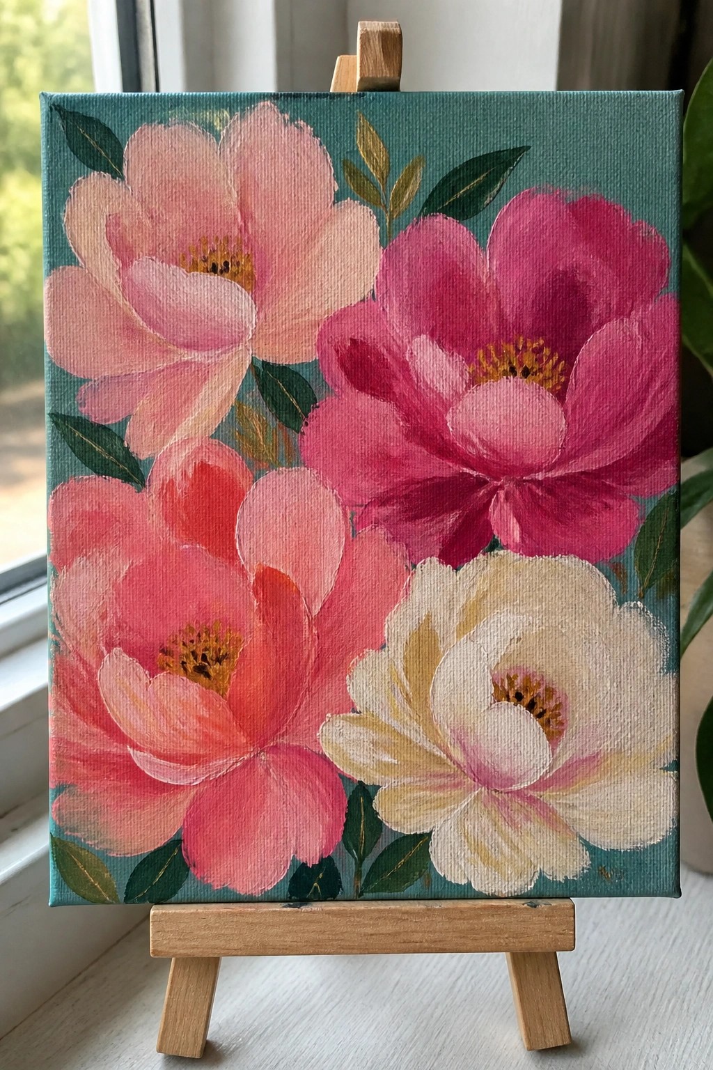 Vibrant pink and white flowers painted on teal canvas on wooden easel.