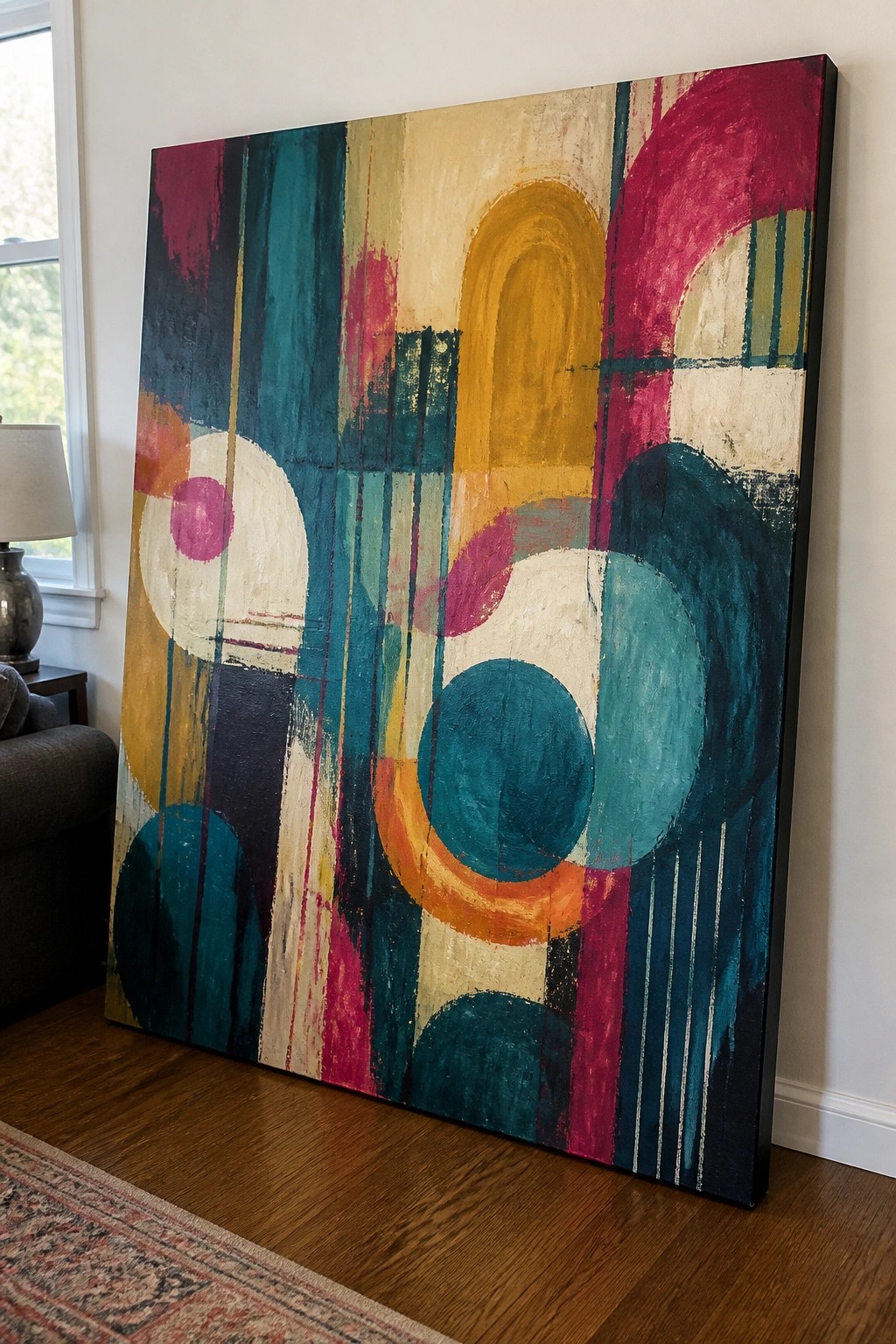 Large abstract painting with colorful circles and arches leaning on wooden floor