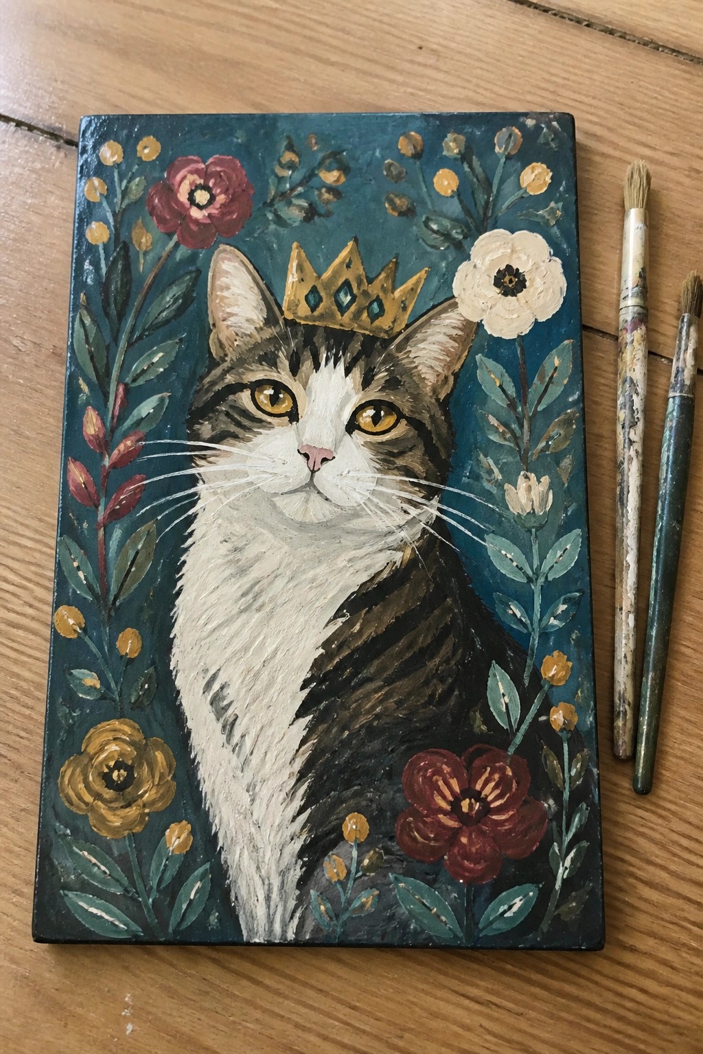 Cat with golden crown amid colorful flowers on teal canvas beside paintbrushes on wood